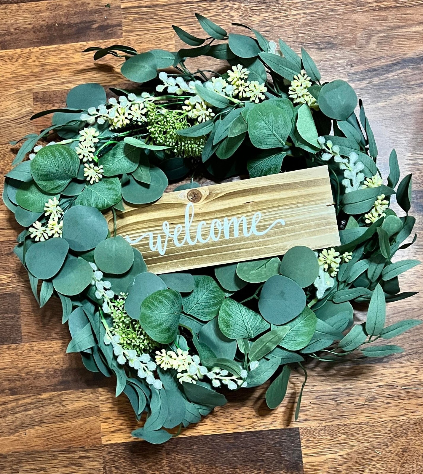 Green Artificial Eucalyptus Wreath with Welcome Sign 20in Mixed White Berries