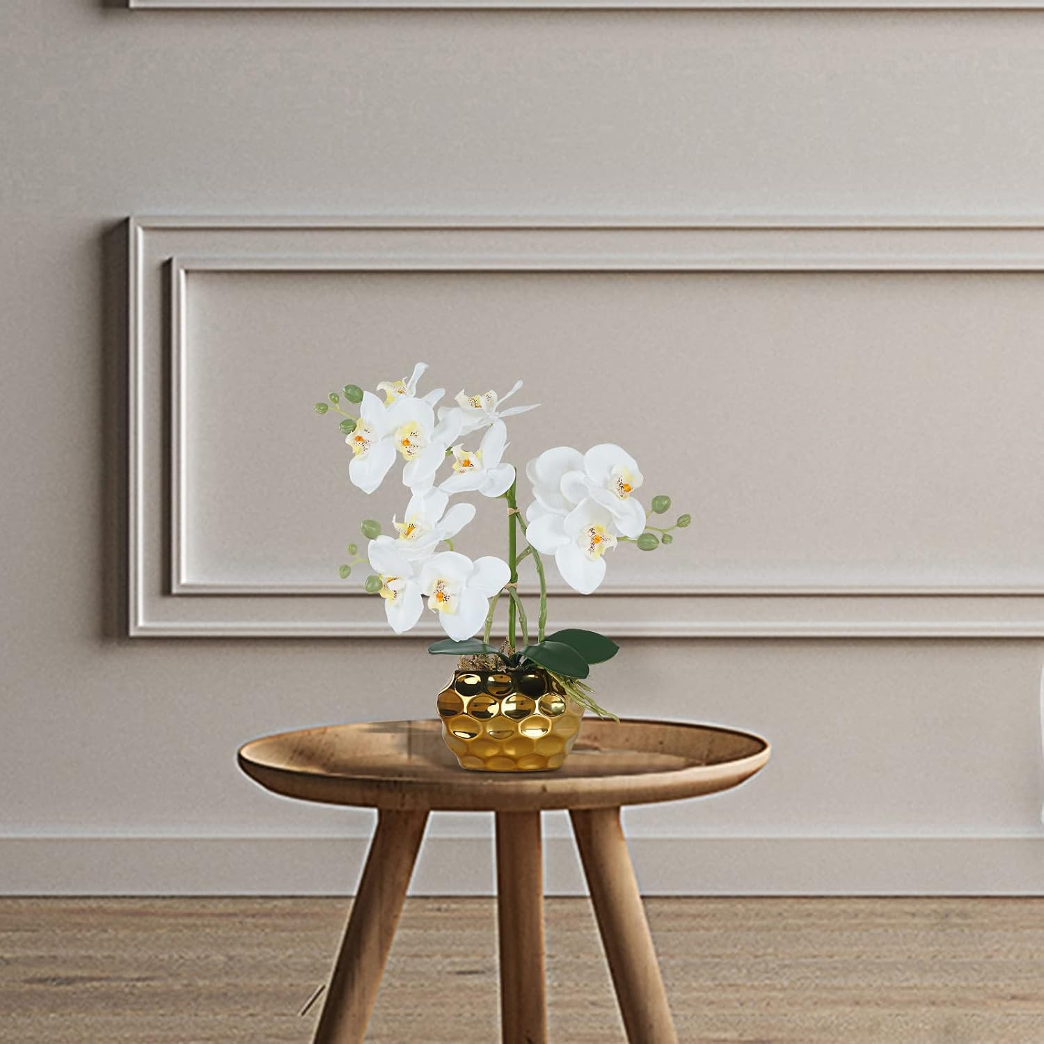 Realistic White Faux Orchid Arrangement in Ceramic Pot for Home Decor