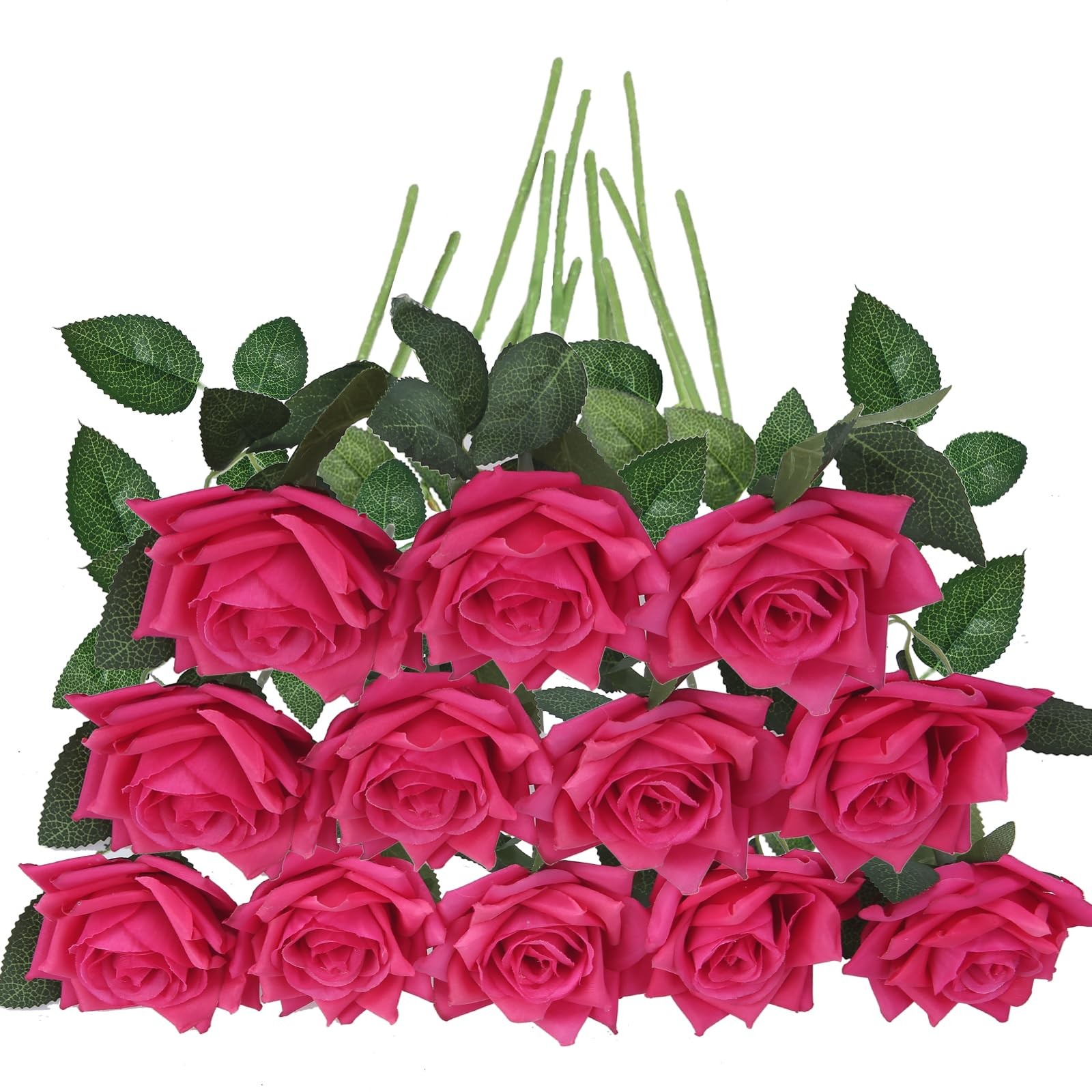 GREENTIME 12 Pack Fuchsia Fake Roses Artificial Flowers with Stems Silk Flower B