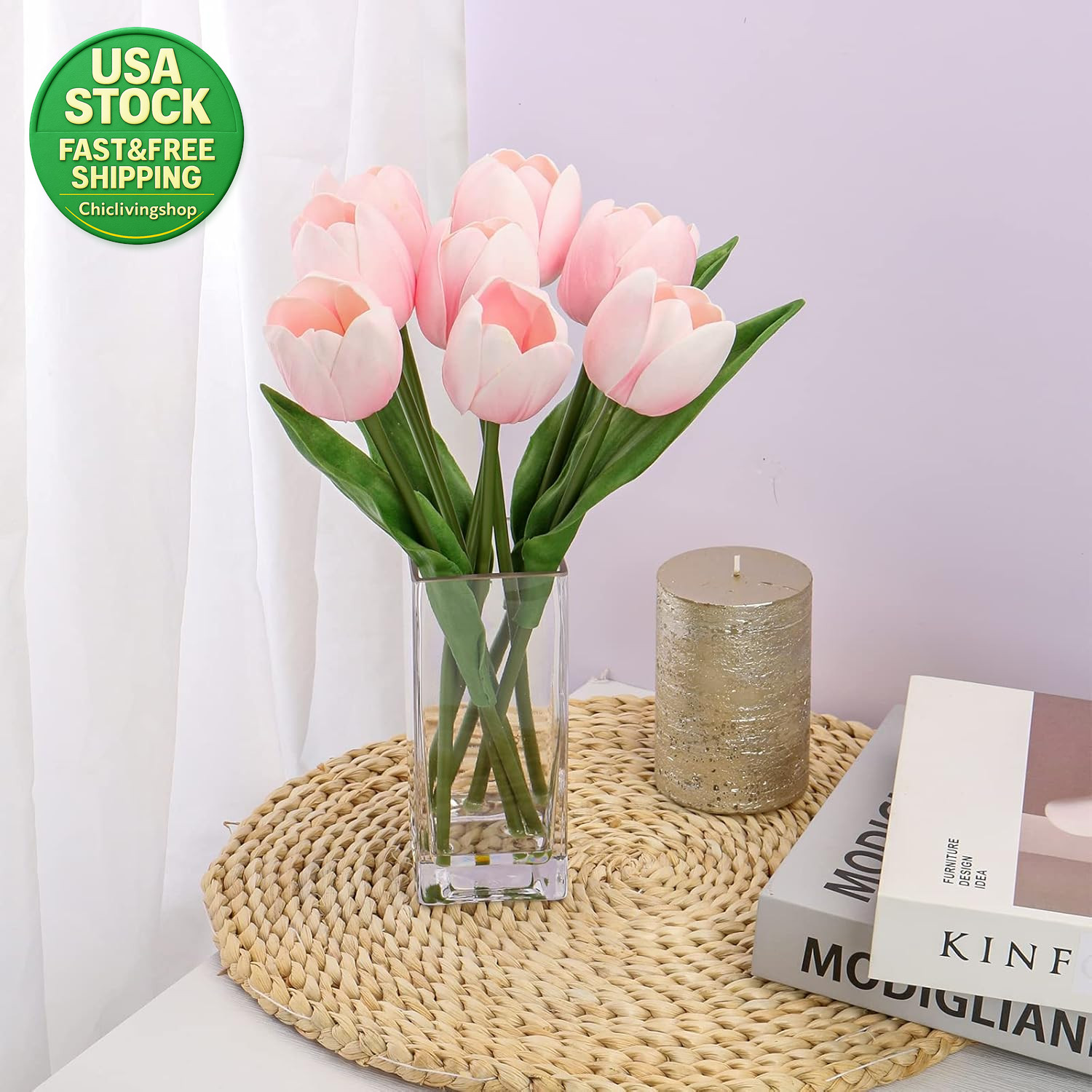 Artificial Tulip Flowers Pink Real Touch Foam Arrangement in Clear Vase 13.5In