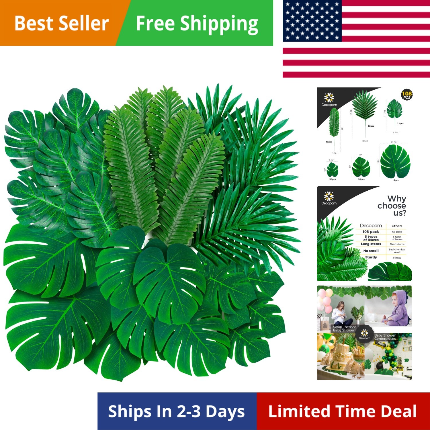 108 Pack Palm Leaves Artificial Tropical Monstera – 6 Kinds Large Small Green…
