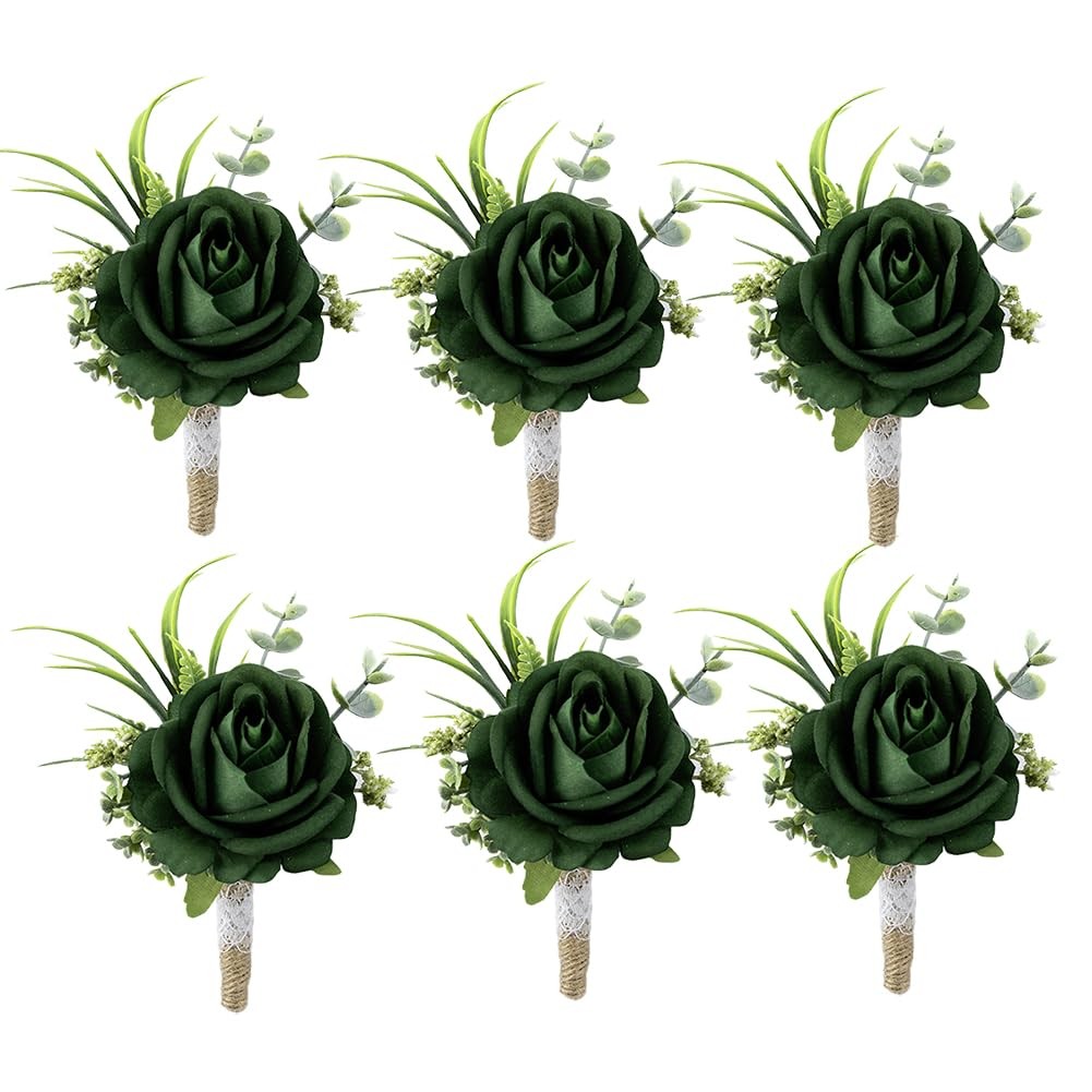 Green Set of 6 Boutonniere for Best Men Groom Groomsmen Buttonholes for Weddi…