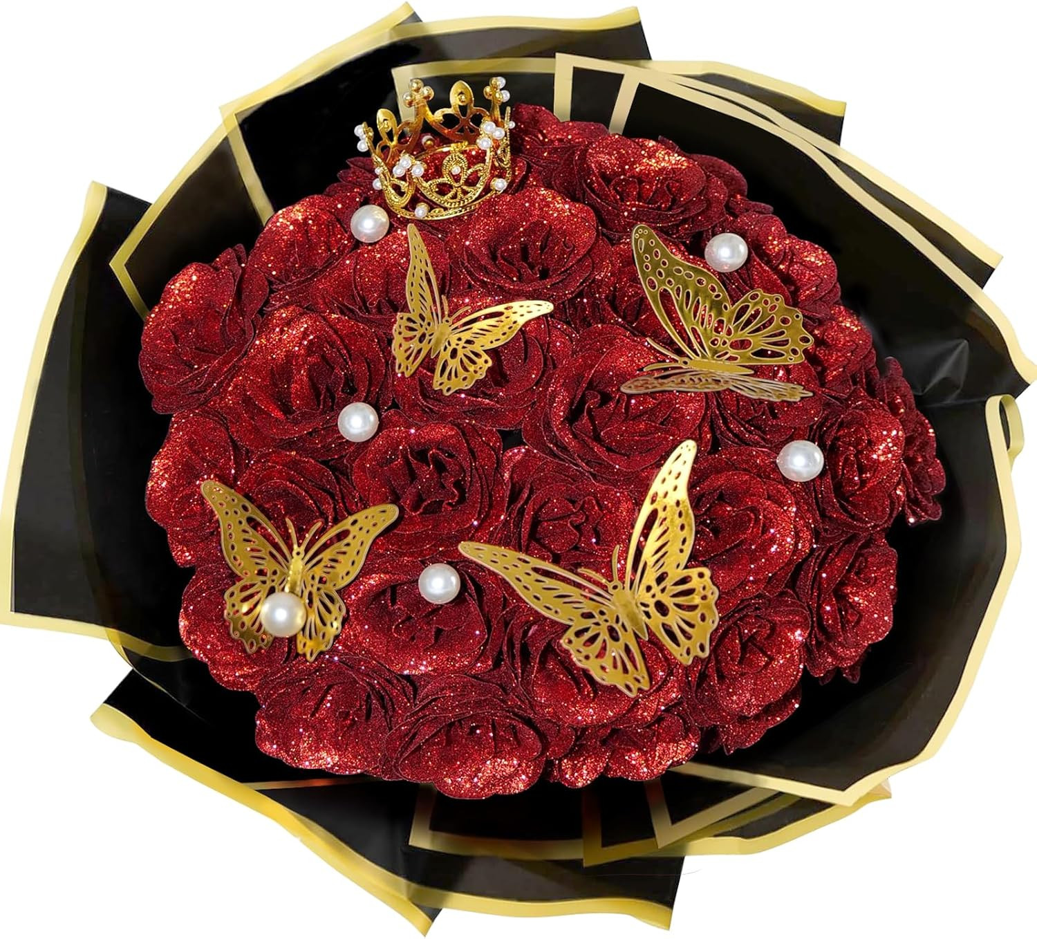 24pcs Red Glitter Artificial Roses Bouquet DIY Gift Wedding Decor Set