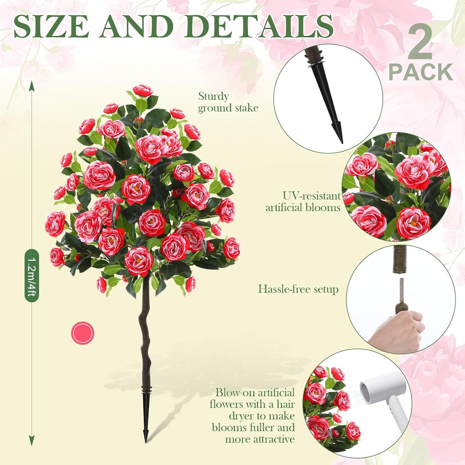 2 Pack 4Ft UV Resistant Faux Camellia Plants for Outdoor Decor, Red & White