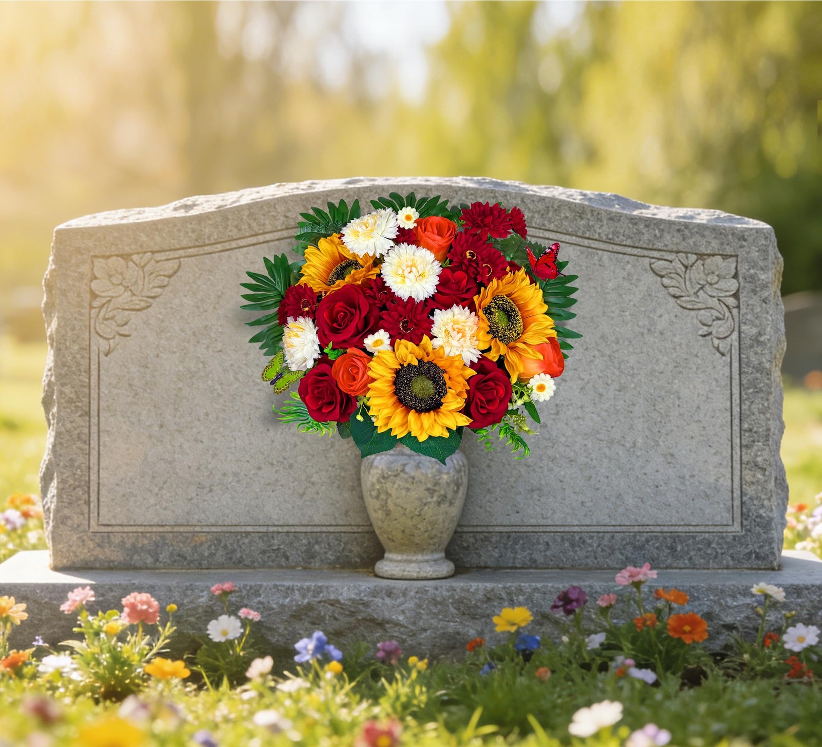 Artificial Cemetery Flowers Memorial Arrangements Silk Sunflower Rose Berries