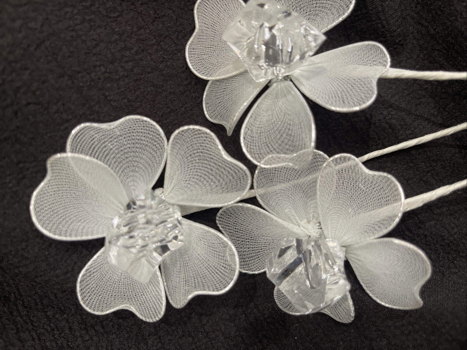 Glitter Silver and clear Rhinestone flowers 4 branches 12 flowers