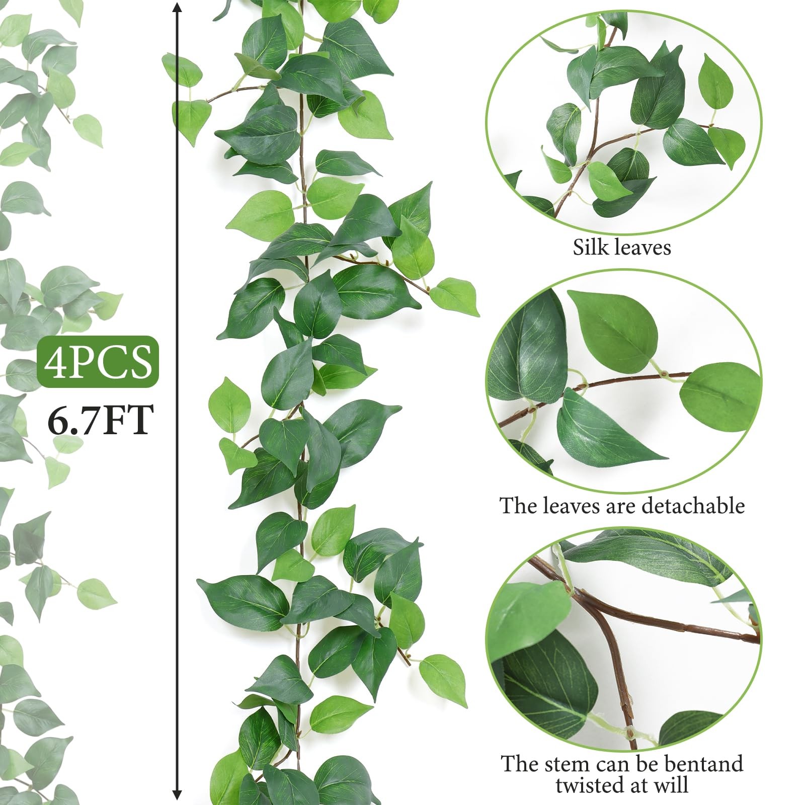 4 Strands Artificial Ivy Vine Hanging Plants 6.7ft Fake Scindapsus Vines Garl…