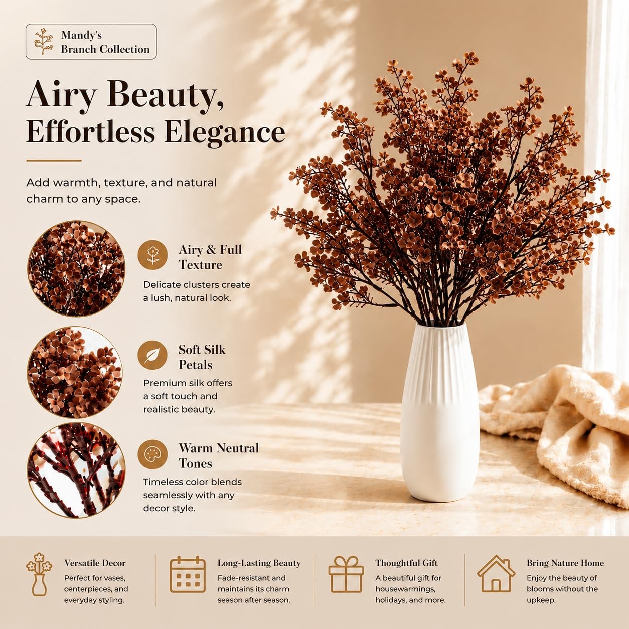 6 PCS Brown Artificial Babys Breath Flowers 18.5 Inch Silk Gypsophila Decor