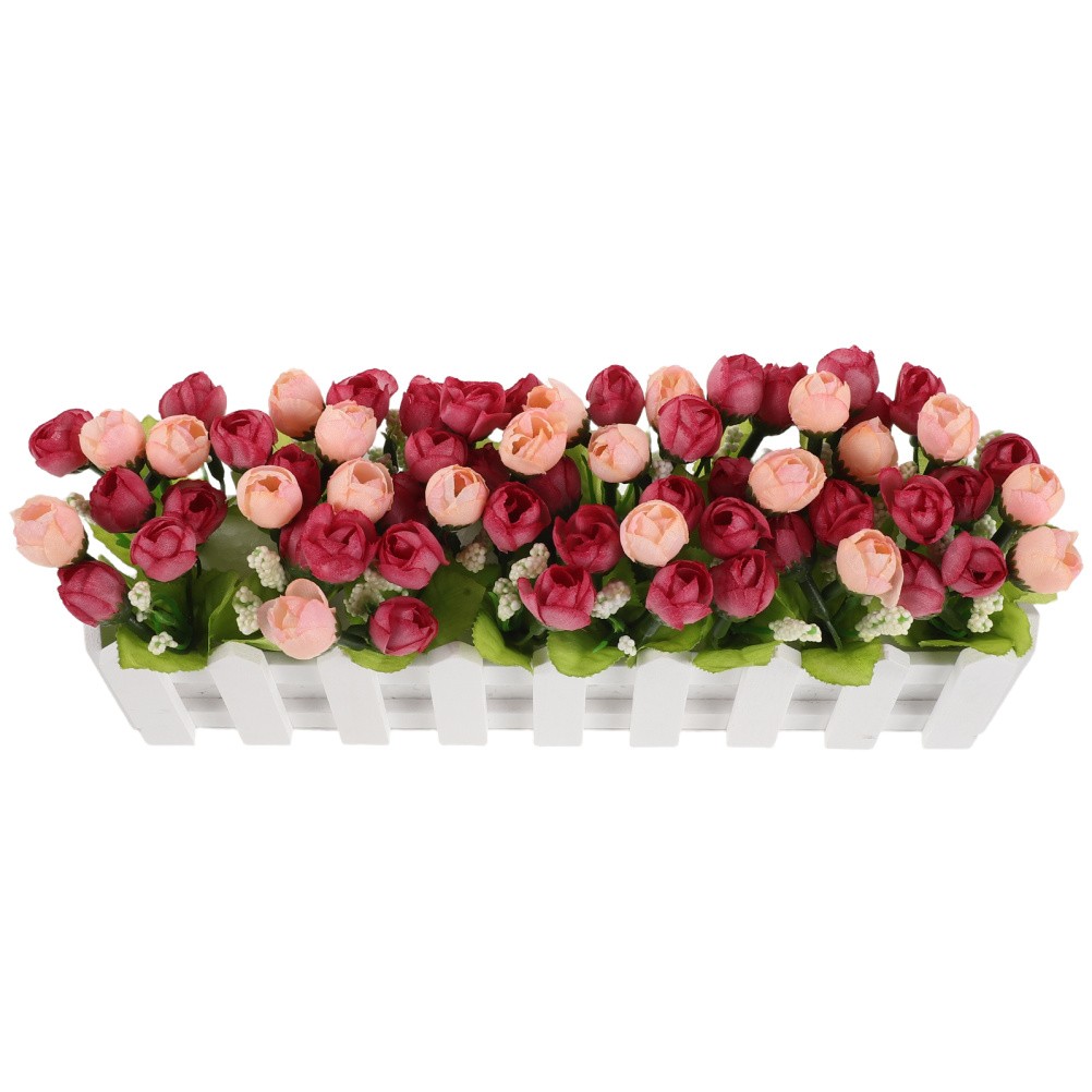 Simulation Flower Bonsai with Fence Rosy Artificial Flower for Home Office Desk