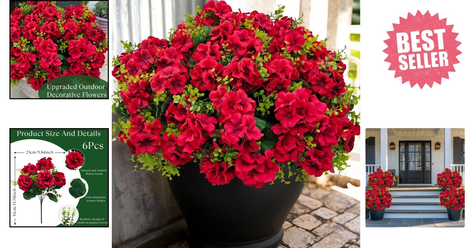 Artificial Geranium Flowers for Outdoor Decoration, 6 Bundles UV Resistant Silk