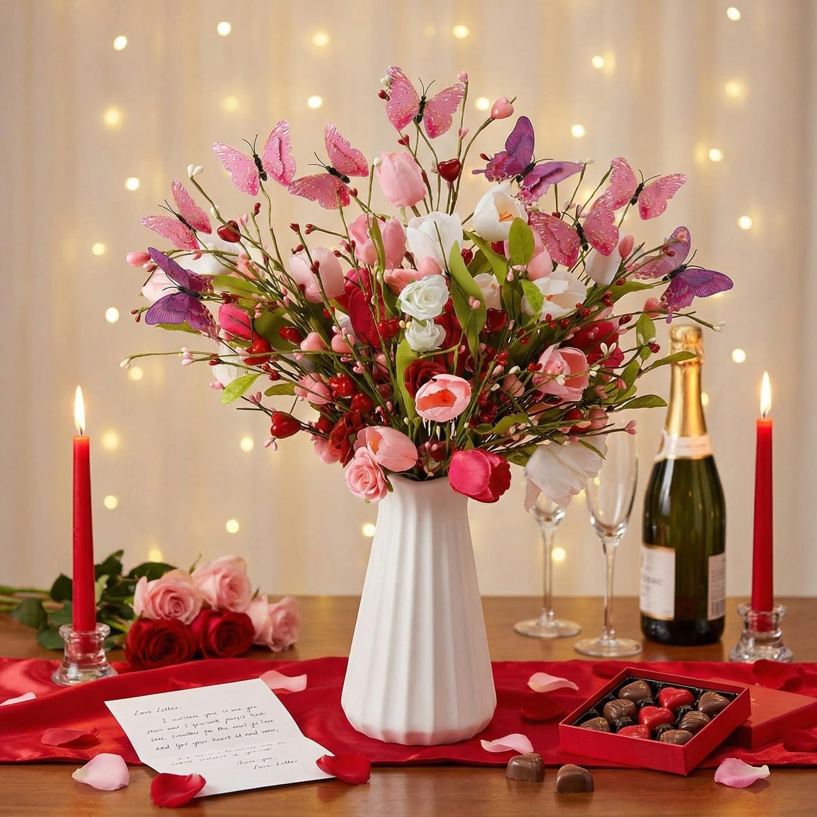 12 Pack Artificial Flower Decor, Tulips & Roses Bouquets with Butterfly Heart…