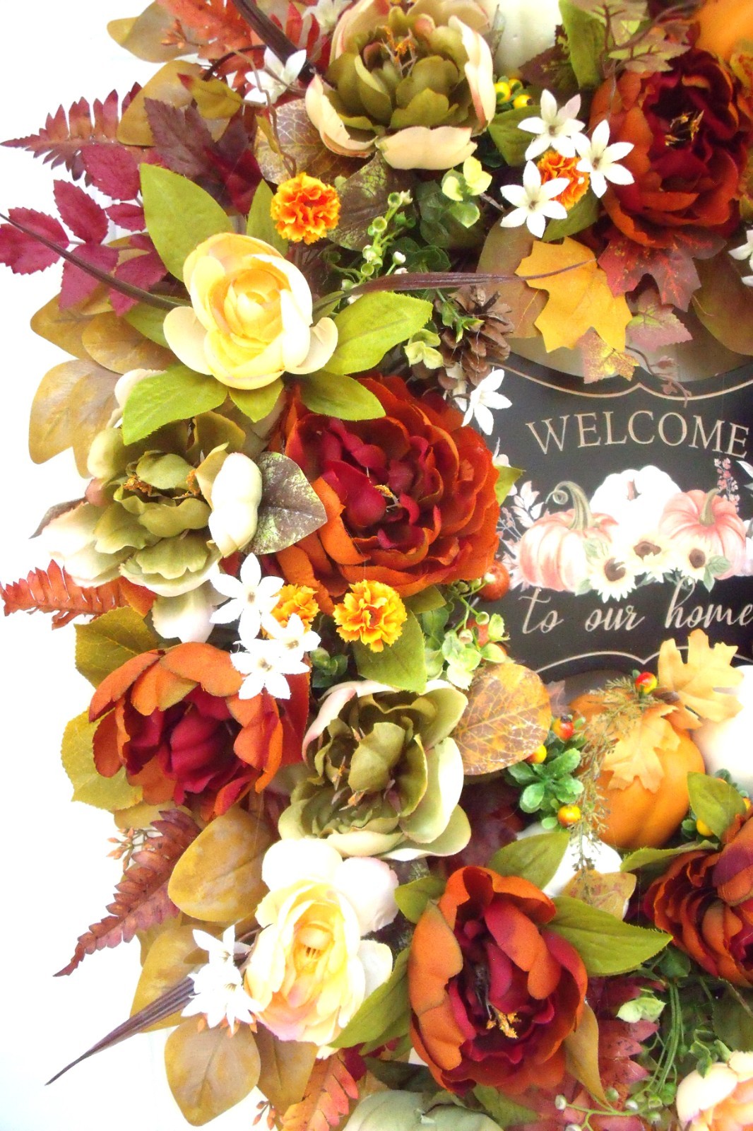 Fall Door Wreath, Thanksgiving Autumn Peony Pumpkin Wreath, Sage Orange Rust