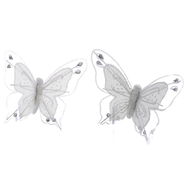 12 White Sparkling Glitter & Rhinestone Burlap Artificial 5-1/4″ Butterflies