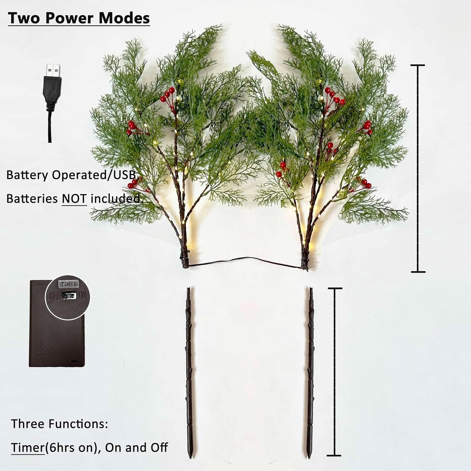 Lighted Brown Branches Cedar 32 Inch 60 LED Timer Battery Home Decor Lights