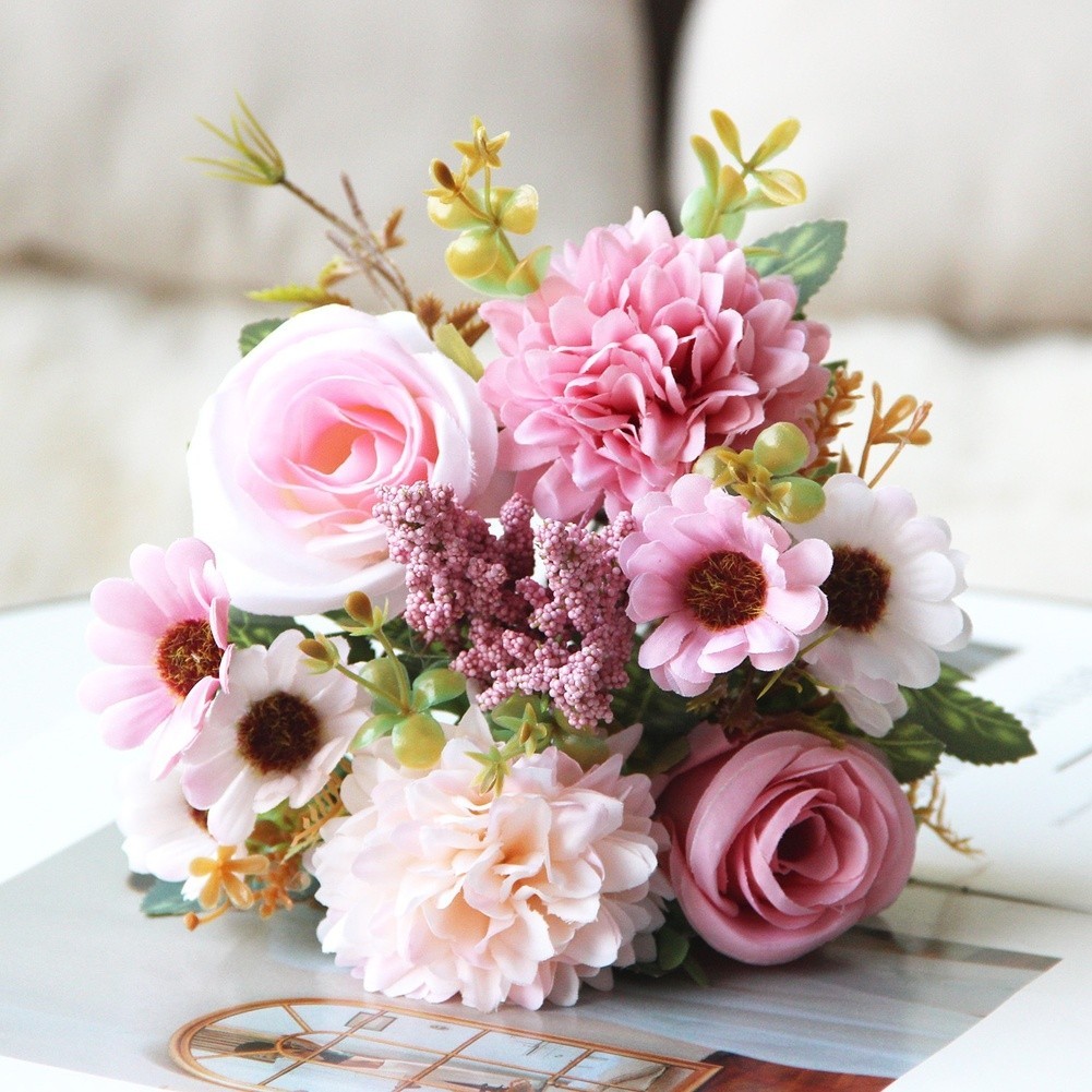 Persian Rose Silk Flower Bouquet 7 Stems for Wedding and Indoor Decoration
