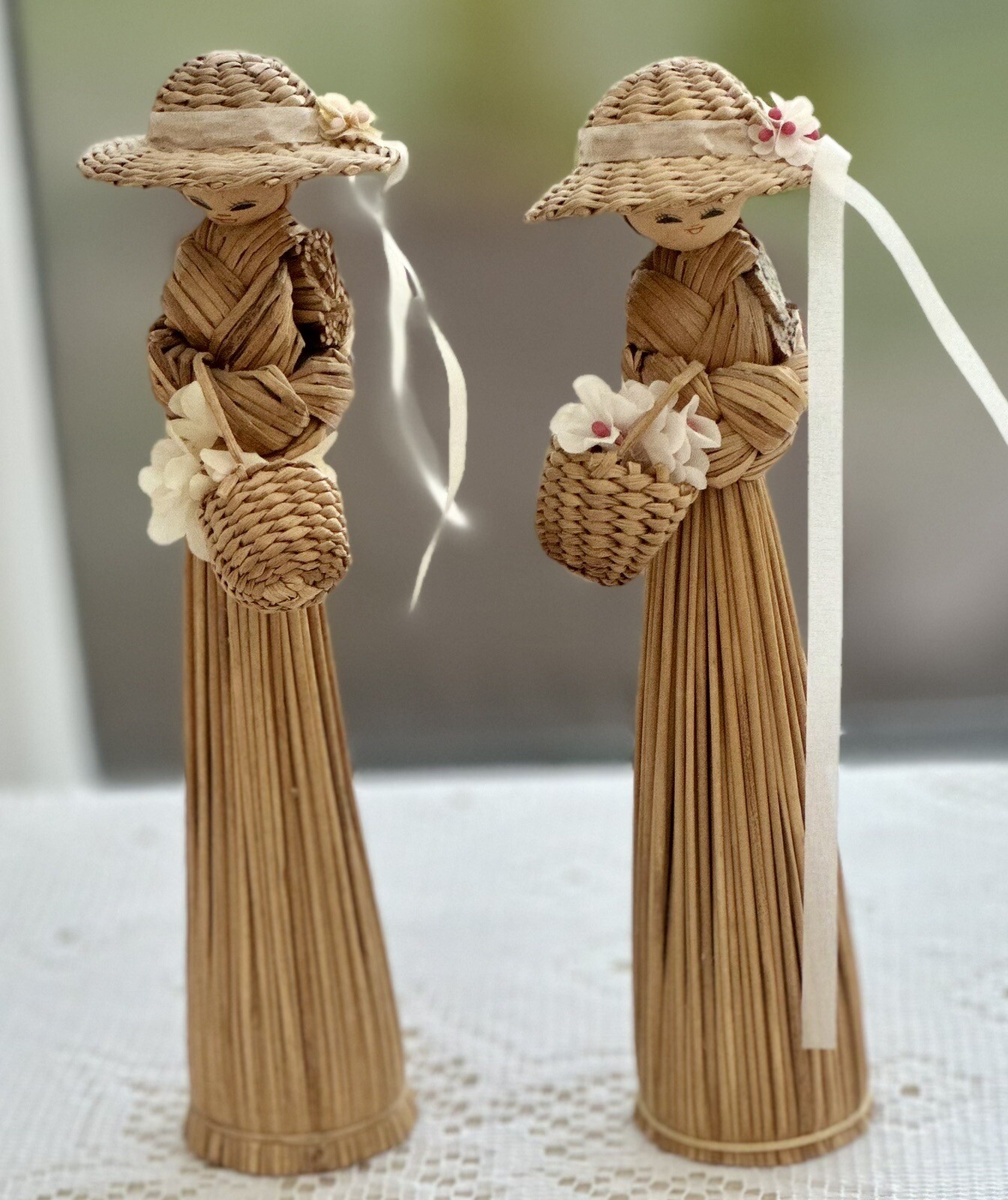2 Vintage Artisan Corn Husk & Wood Dolls Broom Straw Girls Basket Flowers & Hat