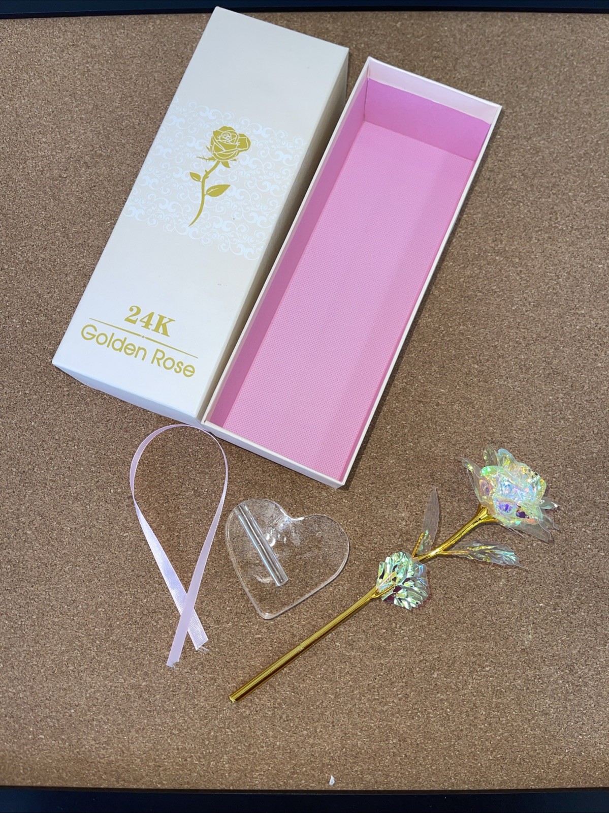 Artificial Iridescent 24K Golden Rose Gift Keepsake Flower Box Open Box