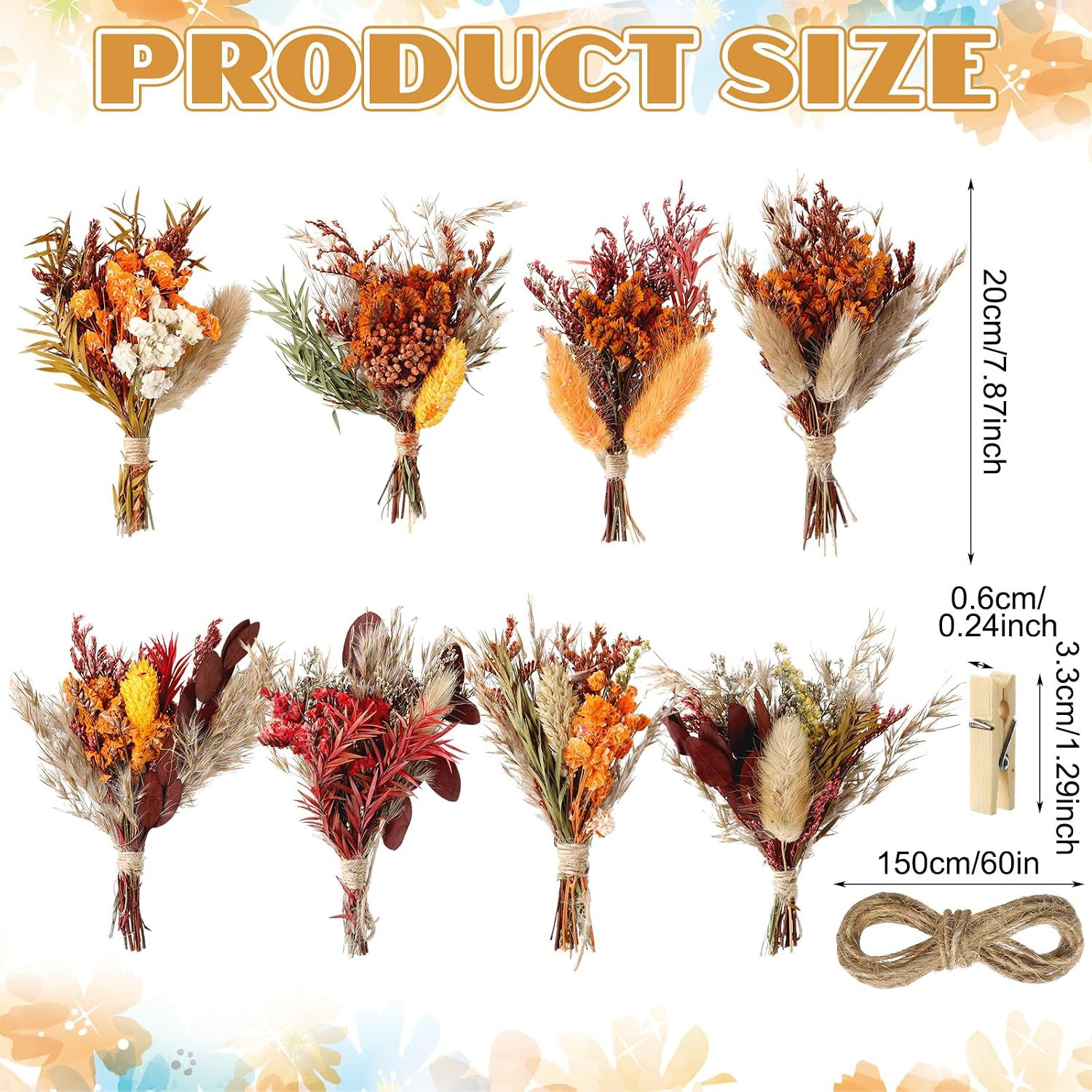 8 Sets Mini Dried Flower Bouquet Wall Decor Hanging Garland Farmhouse Style
