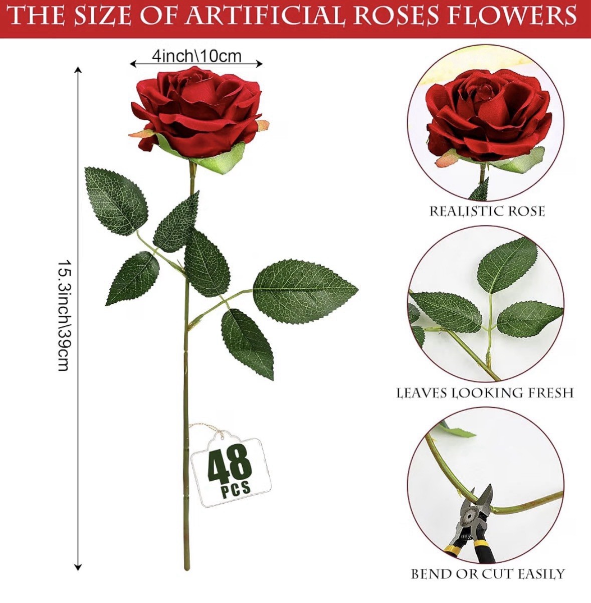 48pcs Red Roses Artificial Flowers,Realistic Long Stem Fake Silk Roses Bouquet