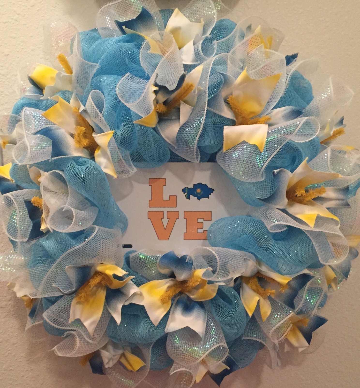 NEW Handmade Kazakhstan Wreath Kazak Russia Mesh Ribbon Blue Yellow Door WhIte