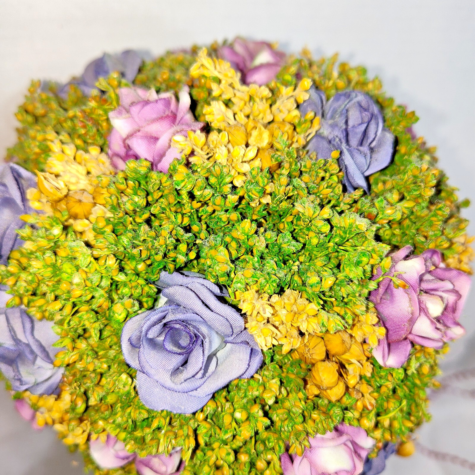 Decorative Floral Topiary in Silver Urn Pot – Purple, Yellow & Green, 18″ Tall