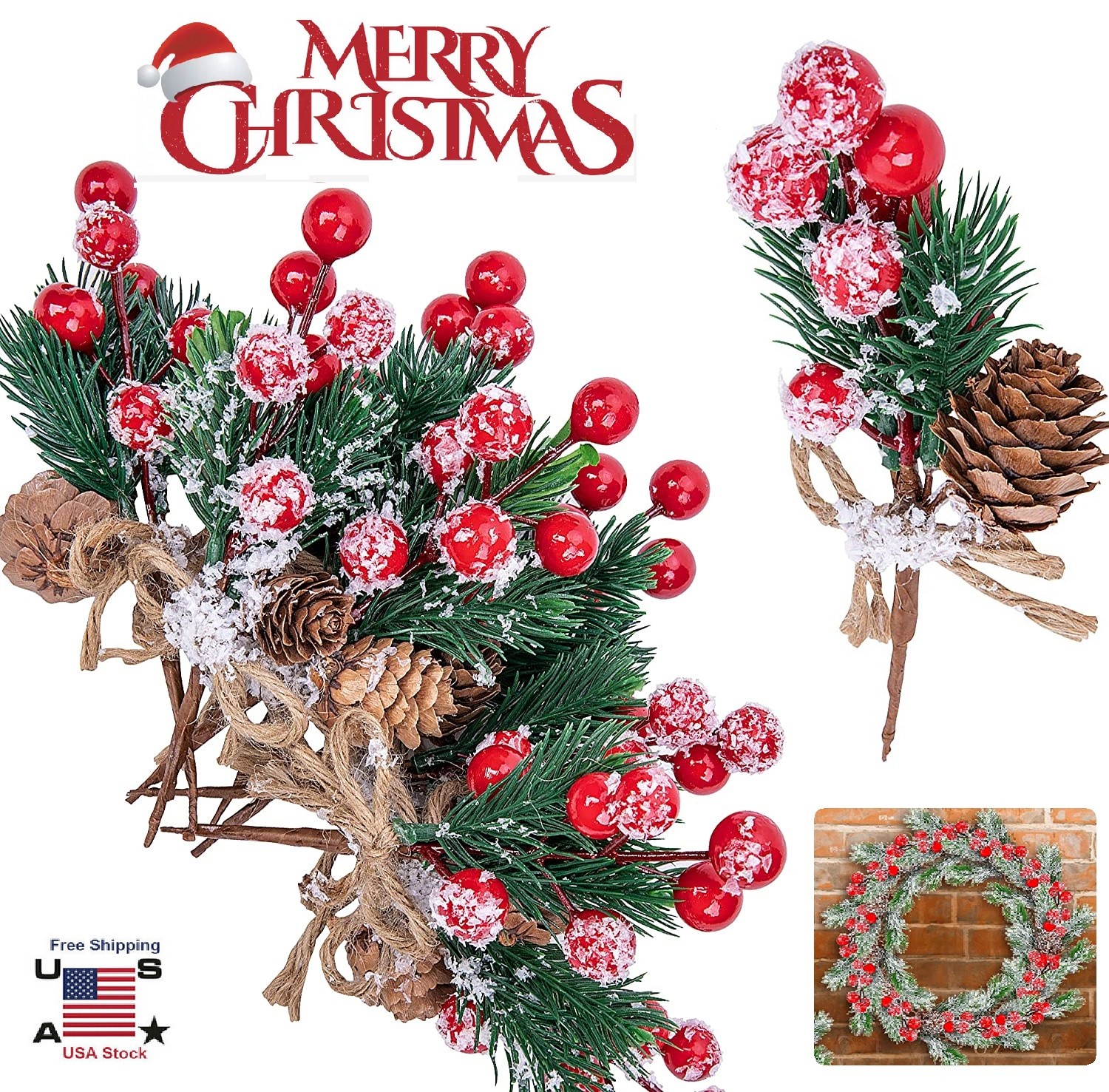 20× Christmas Artificial Pine Branch Cone Berry Holly Flower Pick Home Decor USA