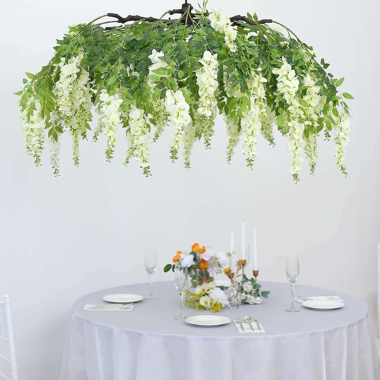 55″ Cream Artificial Silk Wisteria Vine Round Hanging Canopy Draping Garland