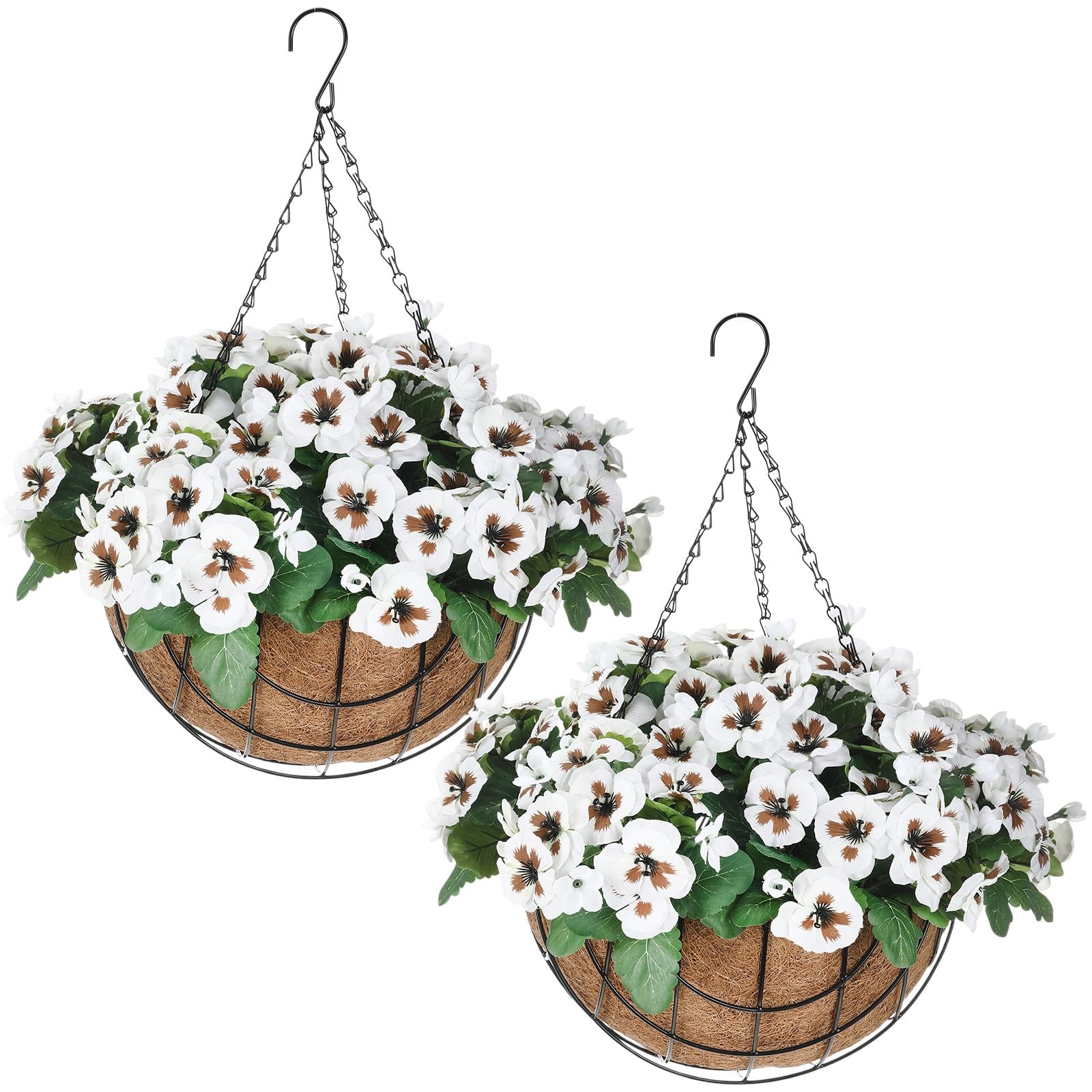 2 Set Artificial Hanging Pansy Flowers with Baskets UV Resistant Faux Silk Pa…
