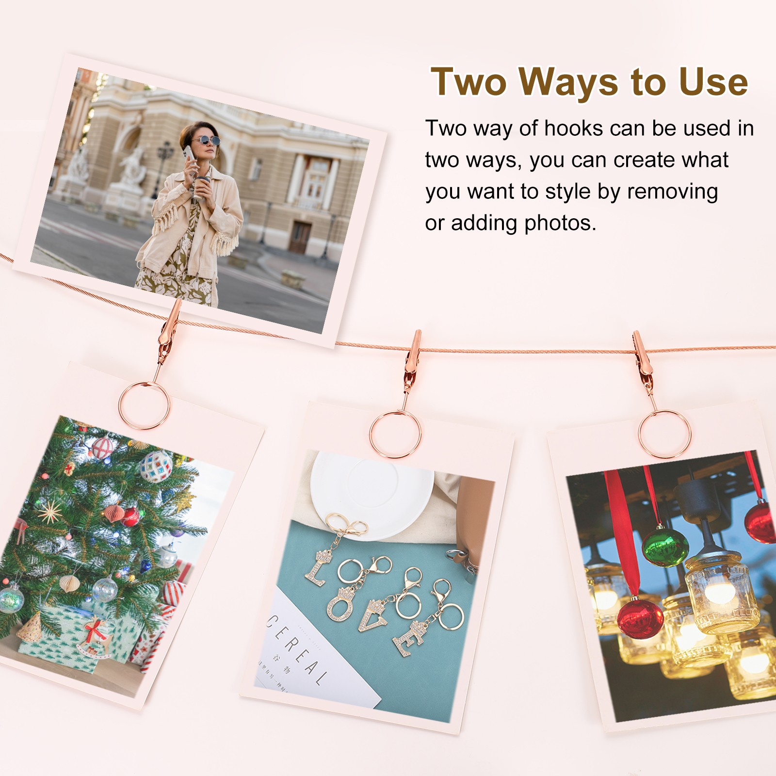 5Ft Wall Hanging Photo Display Cable Wire Rod with 10 Round Clips, Rose Gold