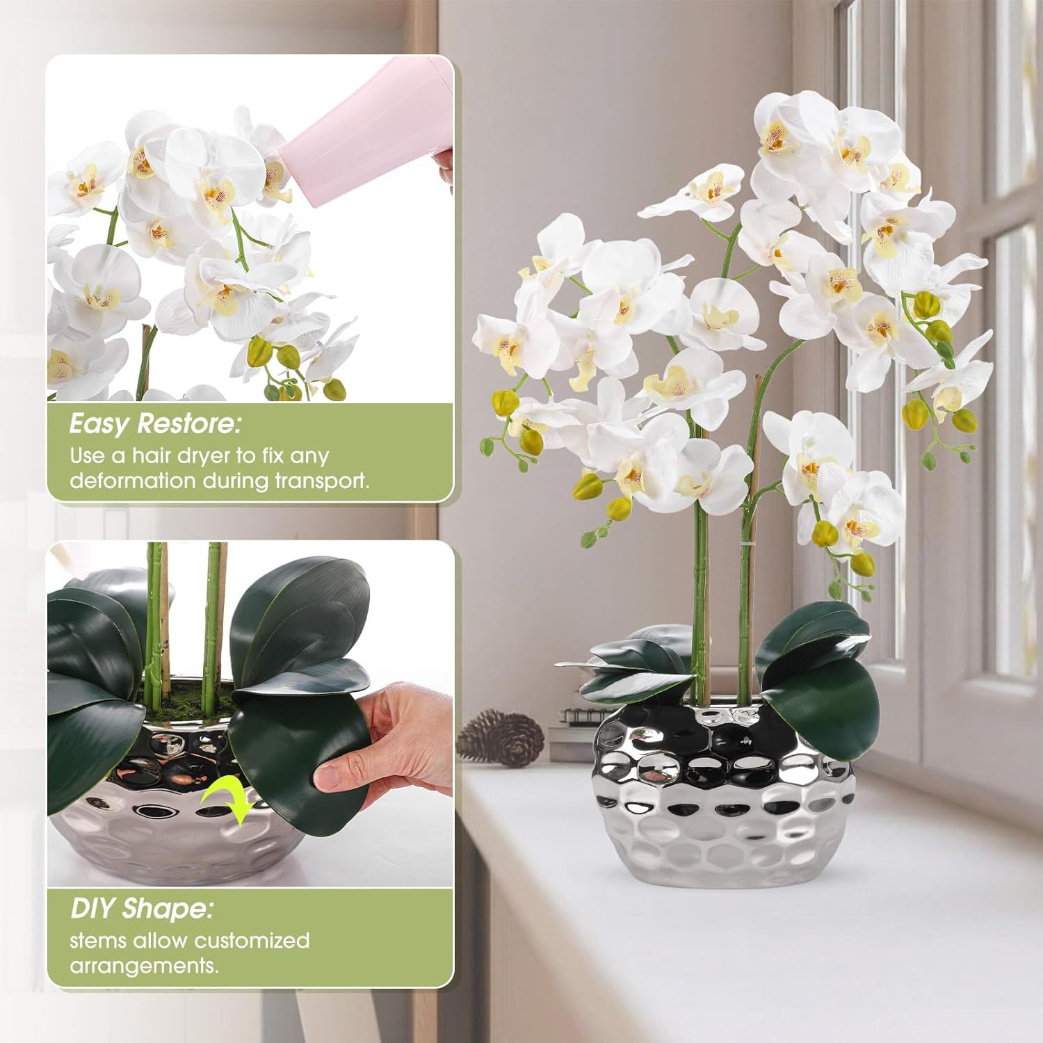 2 Pack White Faux Orchid Flowers with Ceramic Pot for Home Décor