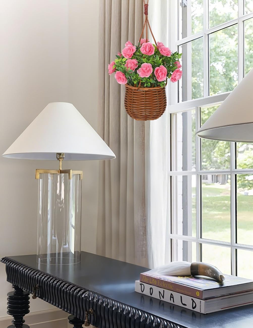 Artificial Rose Flowers with Hanging Woven Basket, Faux Blooming Roses in Fake R