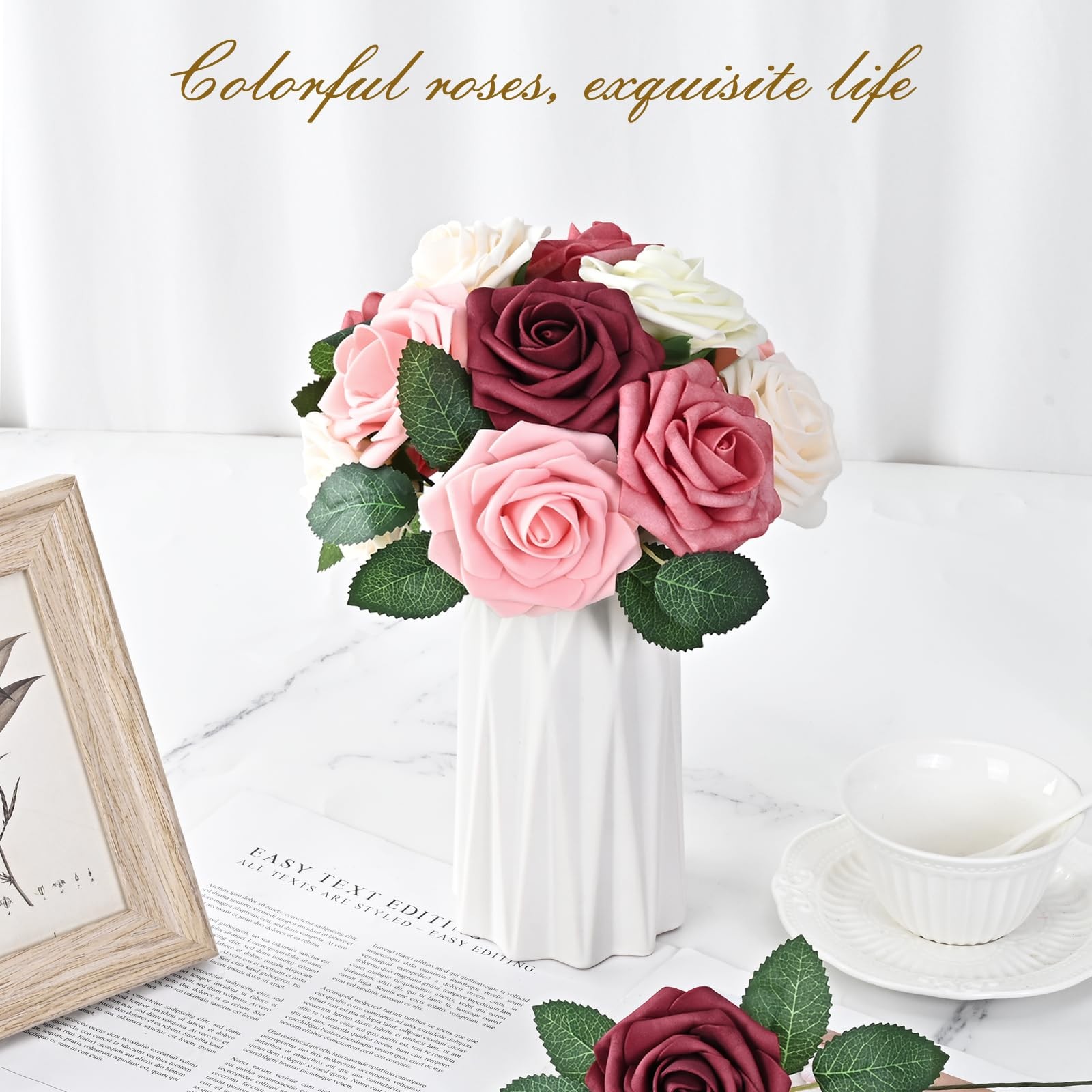 36Pcs Artificial Flowers Fake Roses with Stems, Gradient Burgundy Boxed Foam …