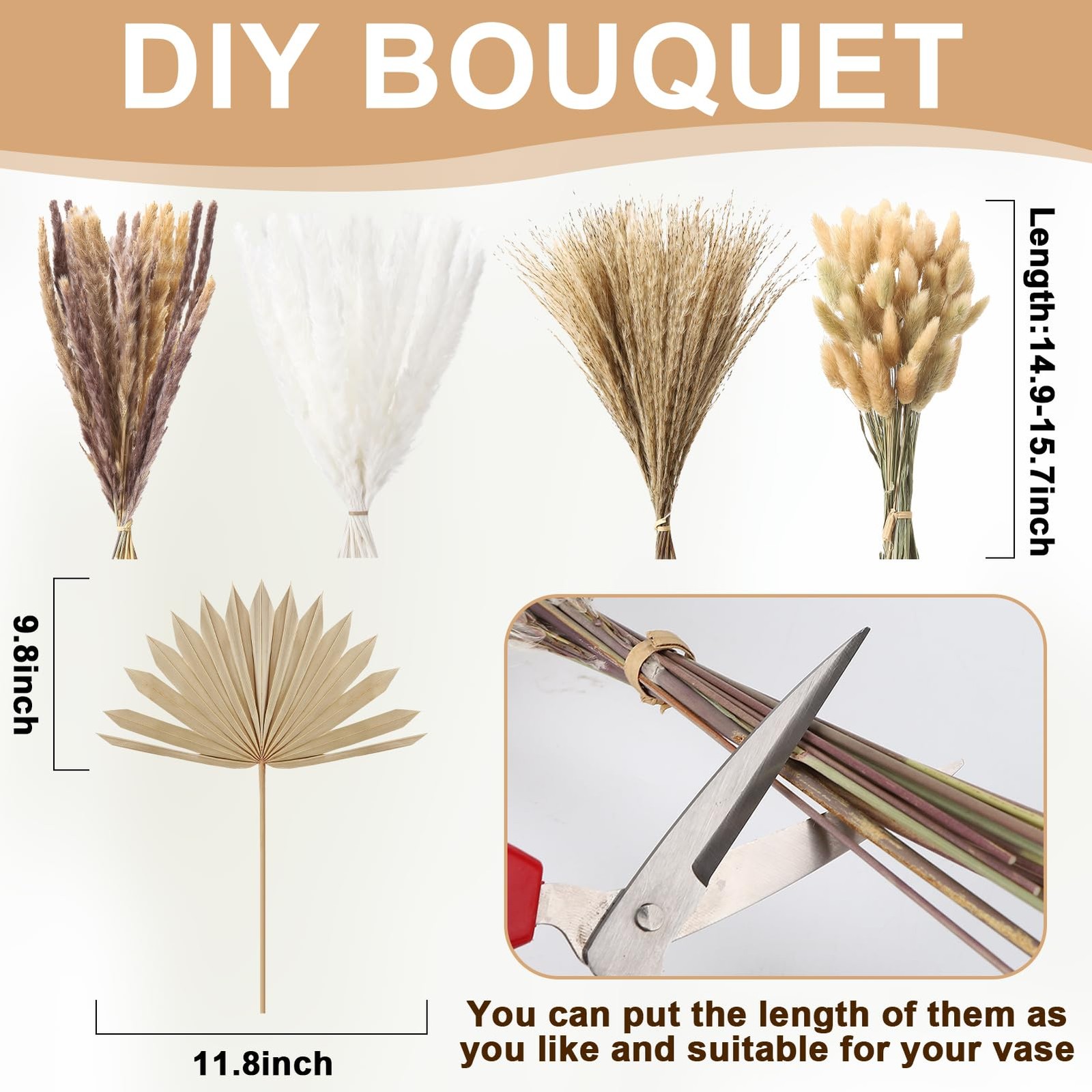 105 Pcs Boho Dried Pampas Grass & Palm Leaves, Natural Pampas Grass Decor Spe…