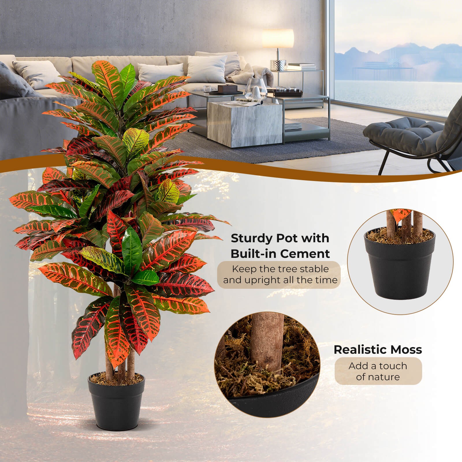 40″ Artificial Croton Plant Faux Leaf Fig Tree Rubber & Plastic Fabric Leaves