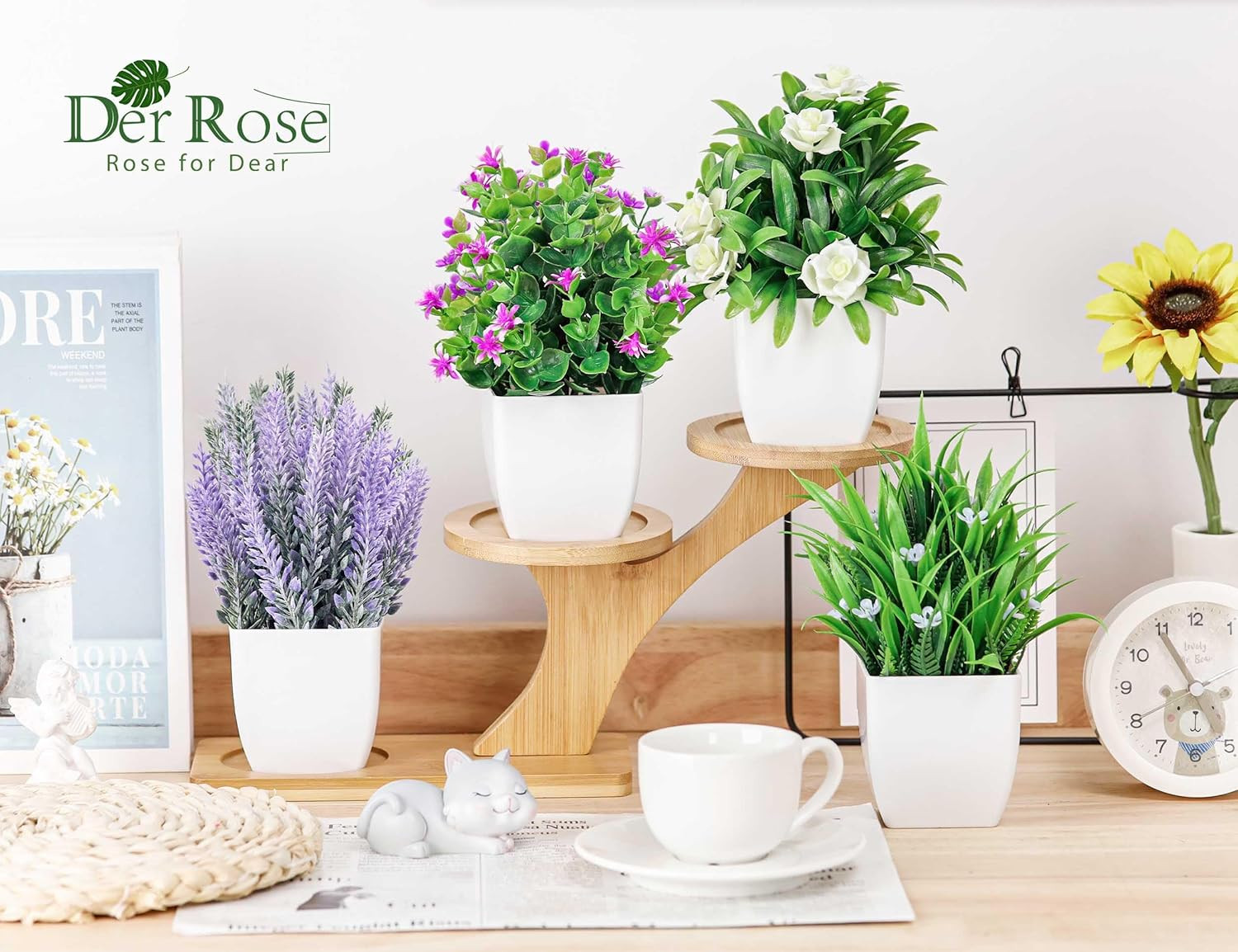 4 Pack Fake Plants Small Artificial Potted Faux Plants with Flowers for Home …