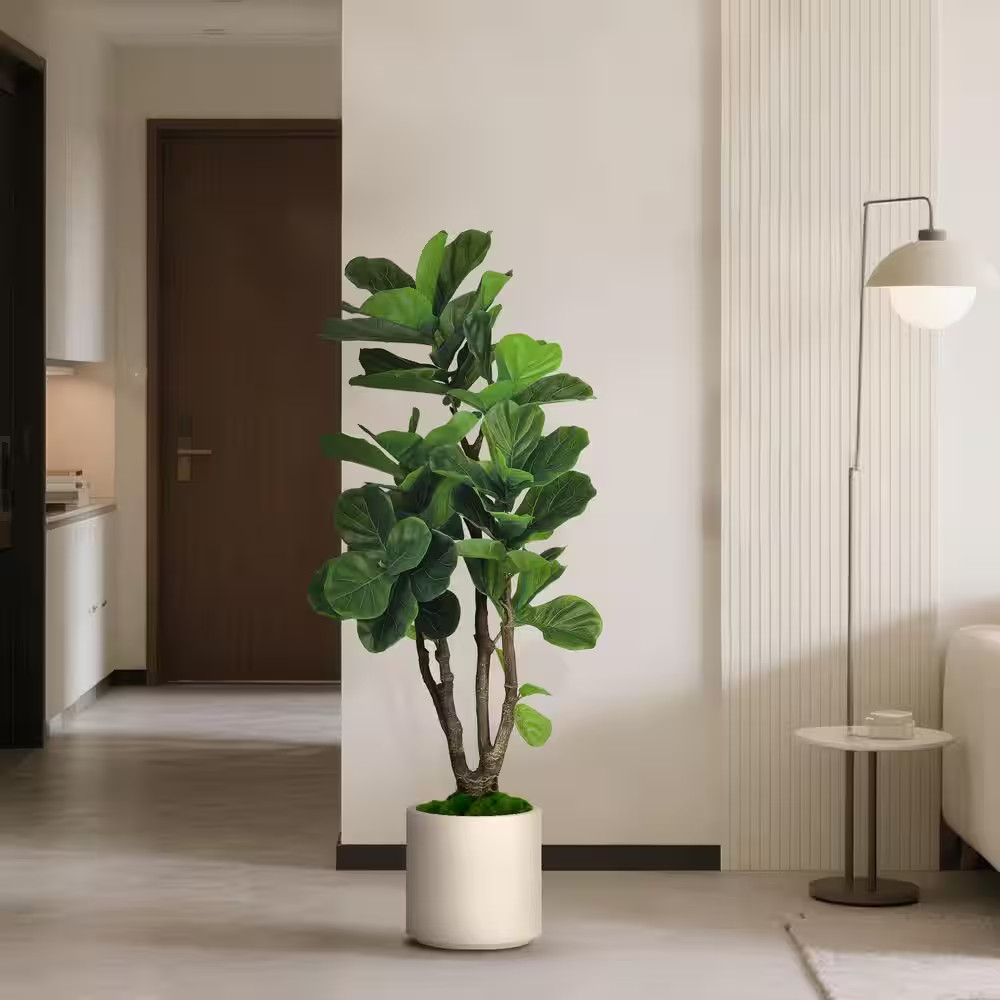 4.5 Ft. Artificial Fiddle Leaf Fig Tree in White Decor Pot, Faux Green Plant Ind