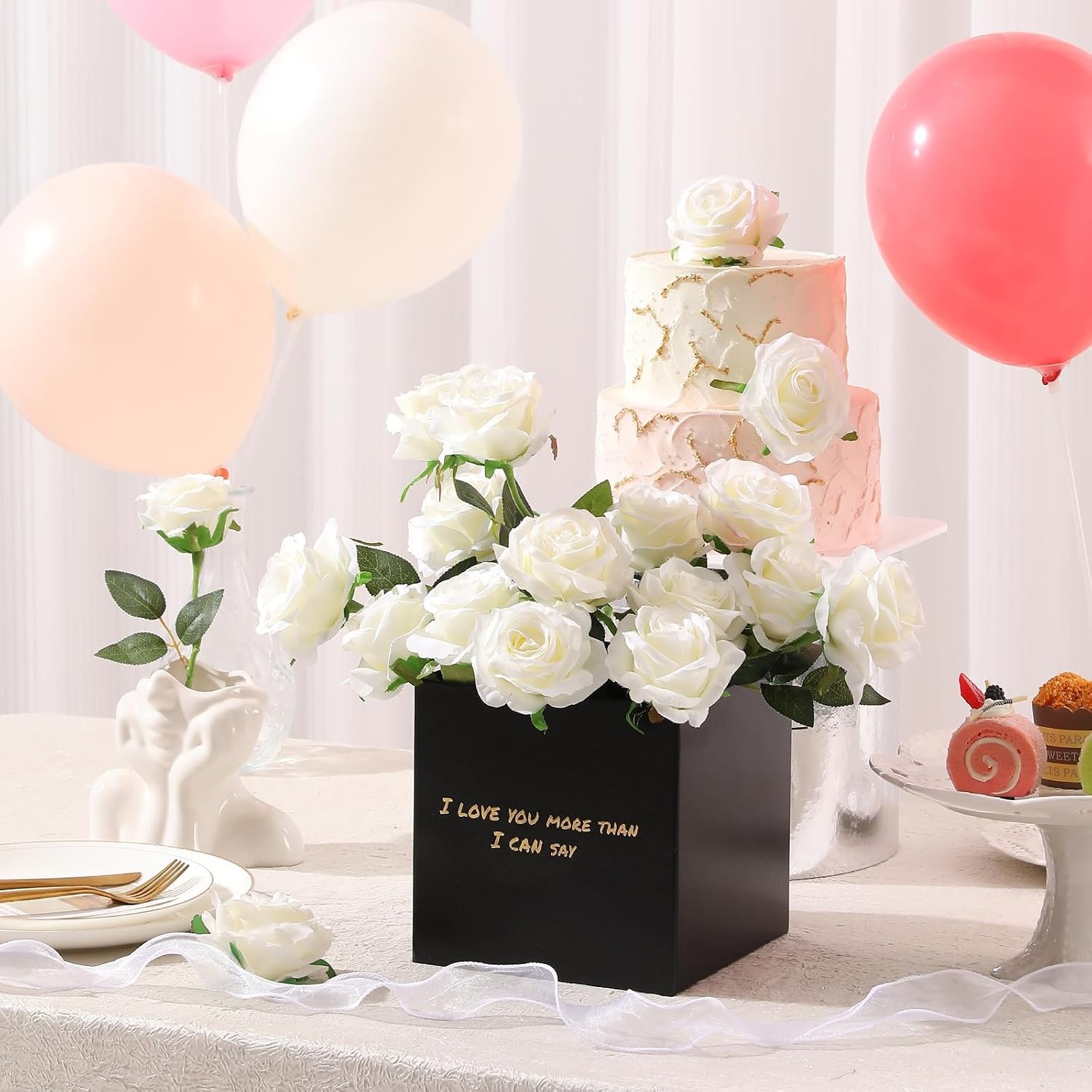 12 Pcs White Roses Long Stem, Artificial Silk Bouquet Wedding DIY