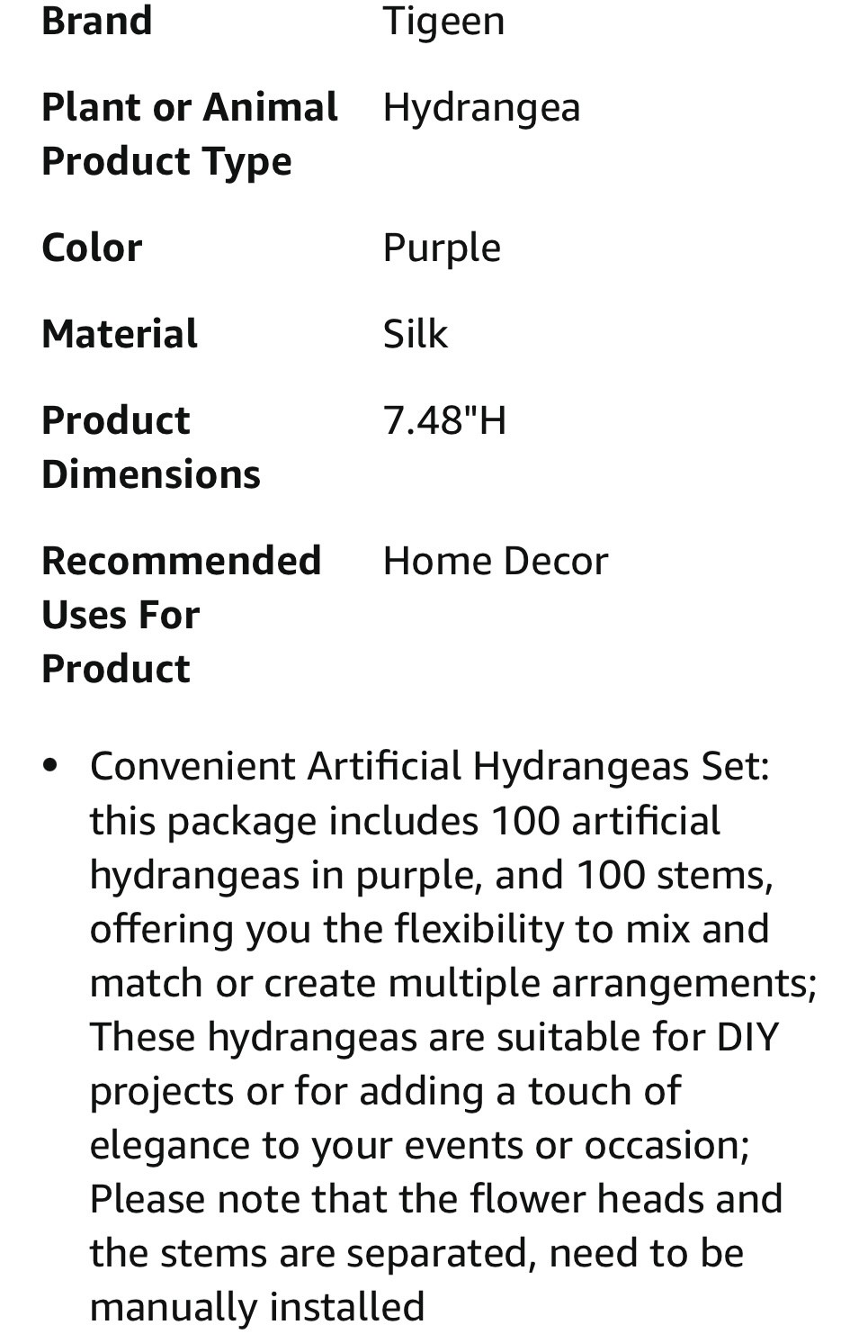Tigeen 100 Pcs Hydrangea Artificial Flowers Bulk 7.48 Inch Hydrangeas #1037