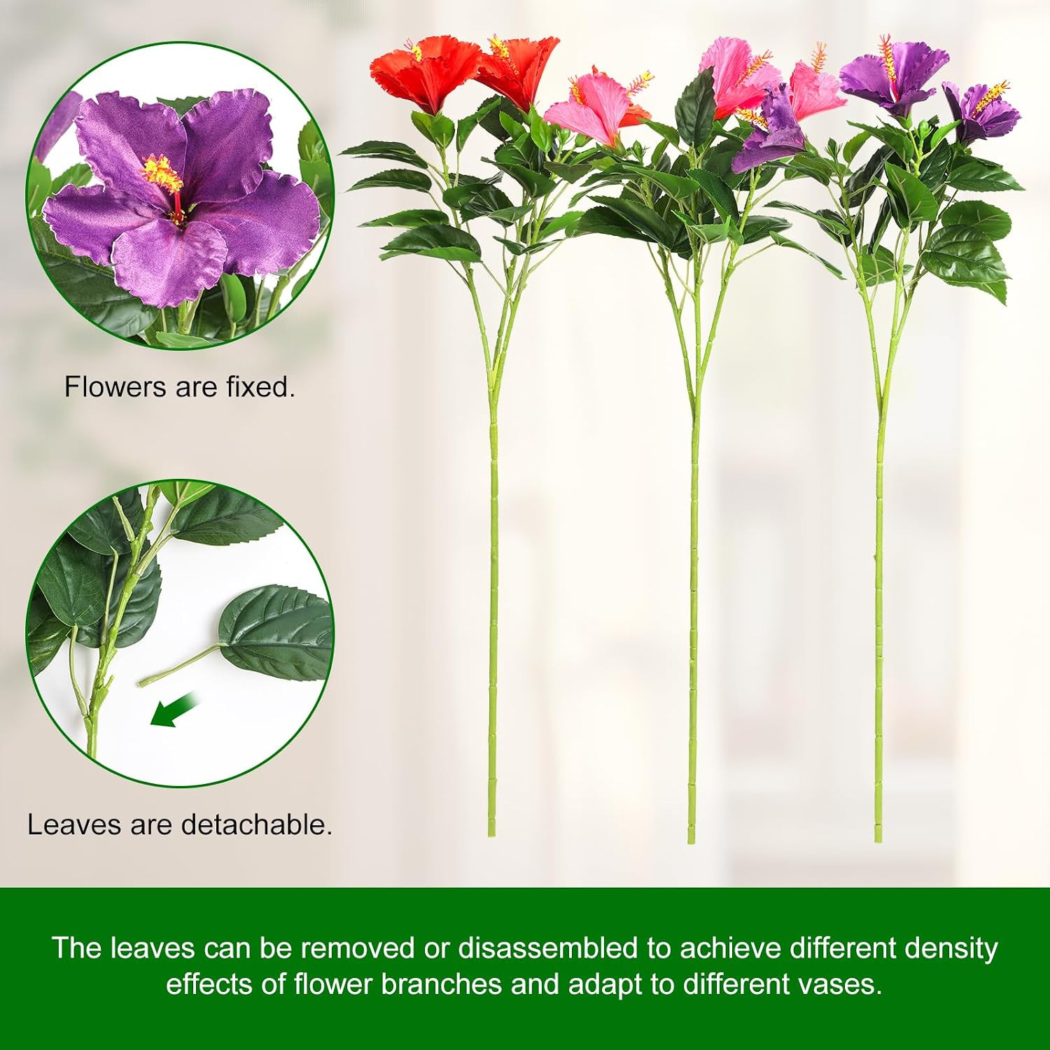 30In Silk Artificial Hibiscus Flowers 3PCS Fake Tropical Hawaii Flowers with Ben