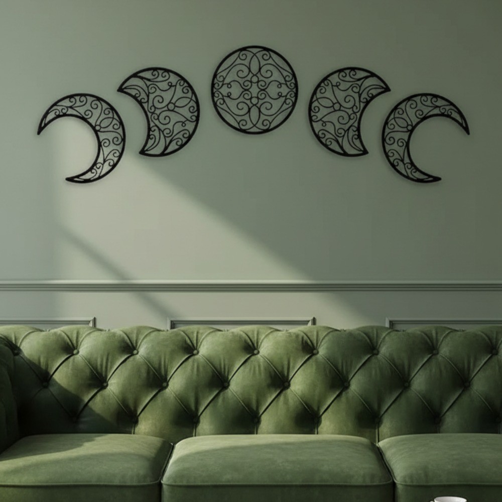 5-Piece Black Moon Phase Metal Wall Art – Nordic Boho Living Room Bedroom Decor