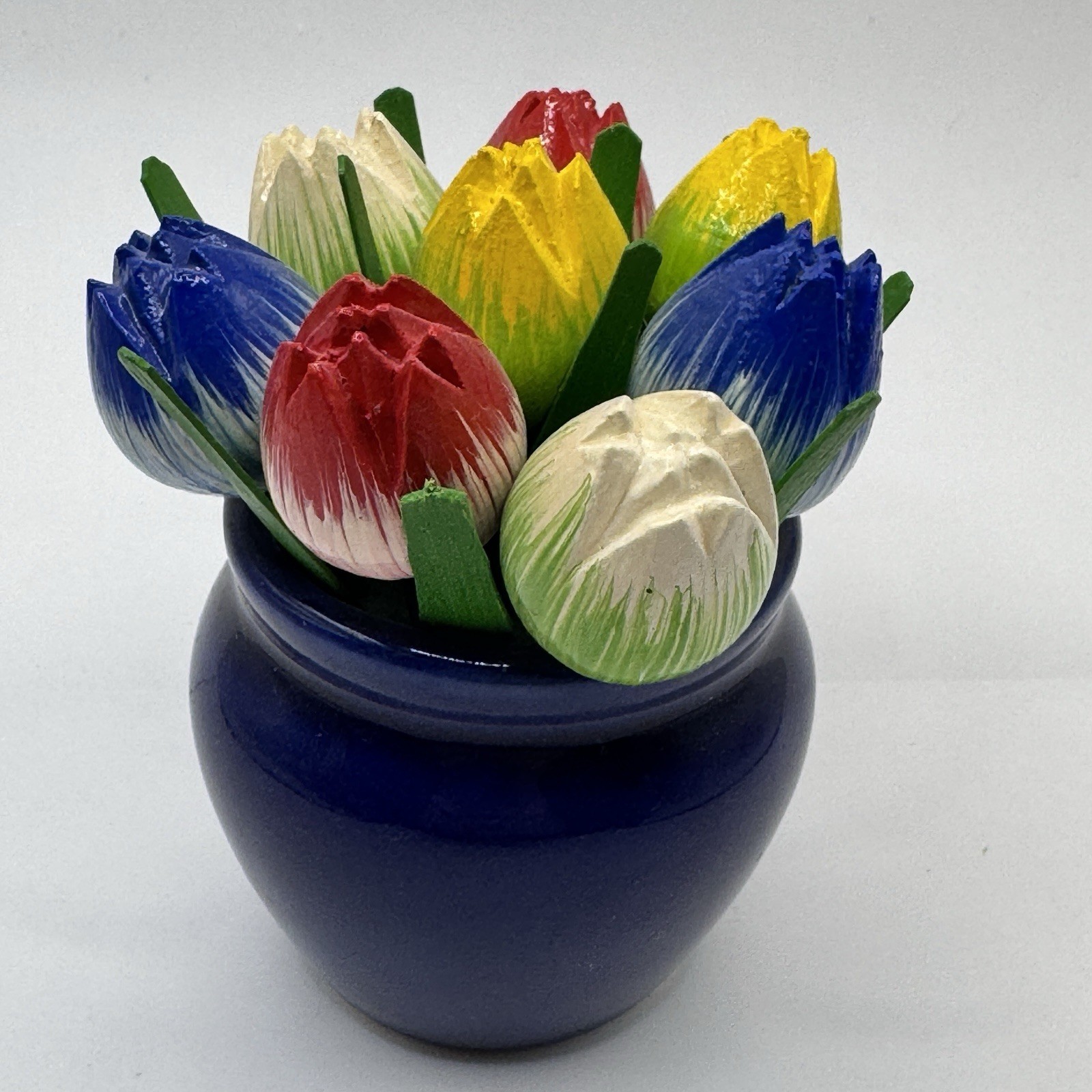 8 Wooden Tulip Flowers In Vase Vtg Mother Day Wedding Handmade Holland Easter