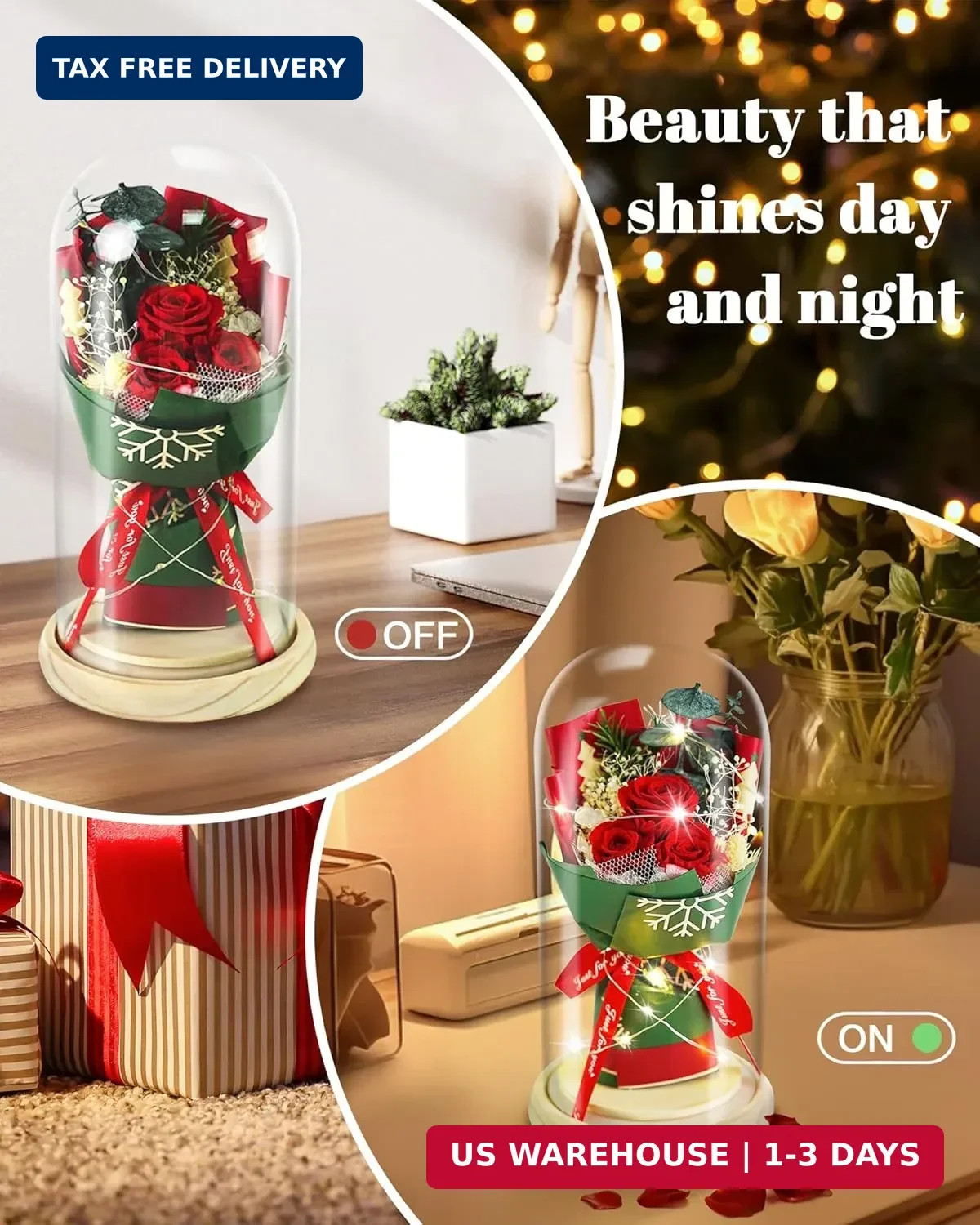 HVY Christmas Day Gifts for Women,Preserved Flowers Bouquet in Glass with LED Li