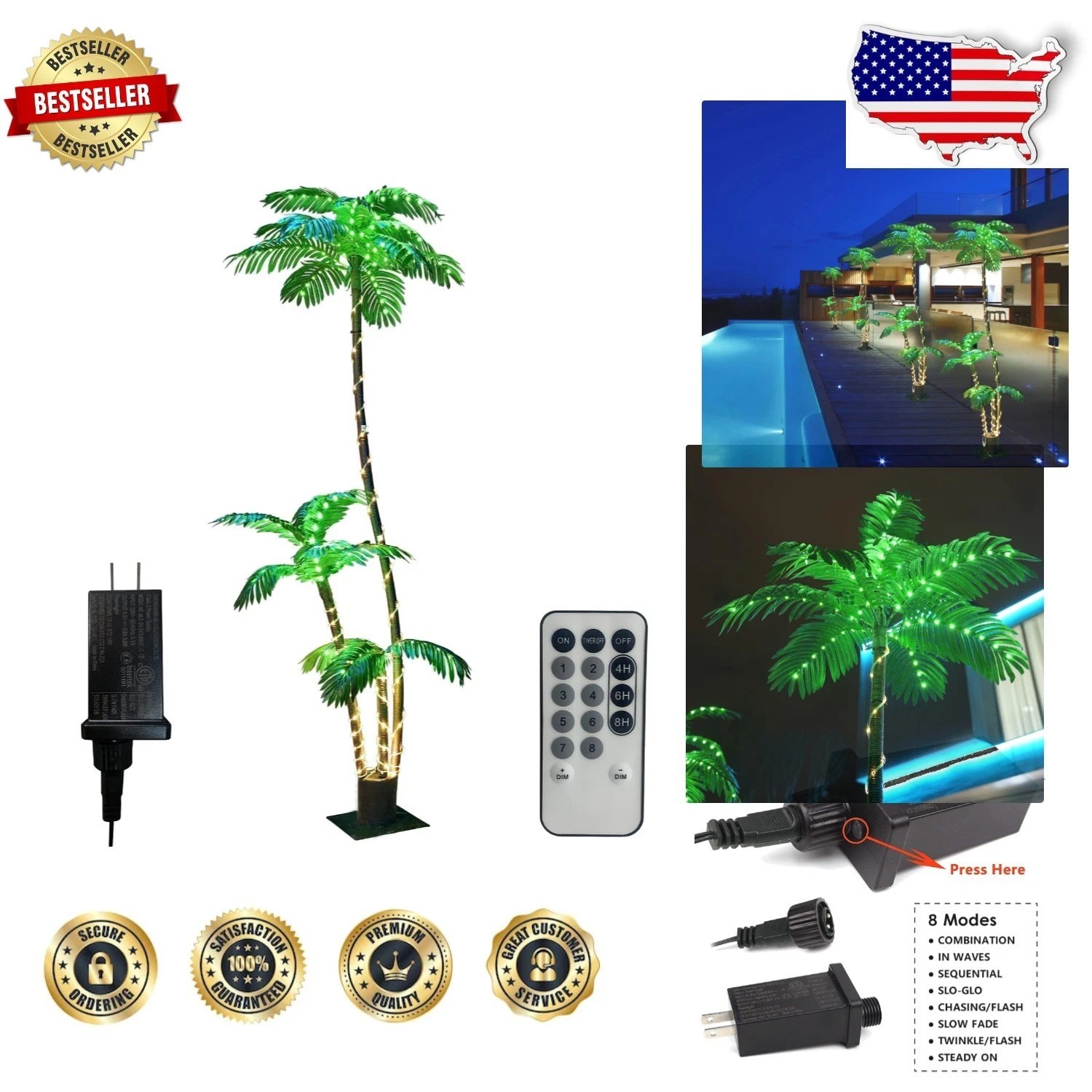 Simulation Tropical Palm Tree 7ft – 260 LED Lights, Indoor/Outdoor, Timer