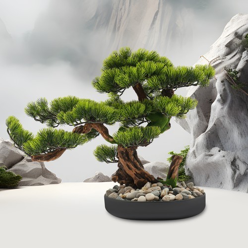 Desktop Artificial Bonsai Pine Tree Decoration Realistic Fake Plant w/ Pebbles