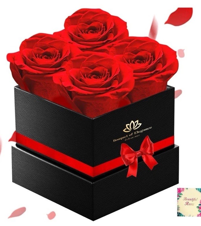 Preserved Red Rose Flower Box Arrangement & Centerpiece in Black Gift Box