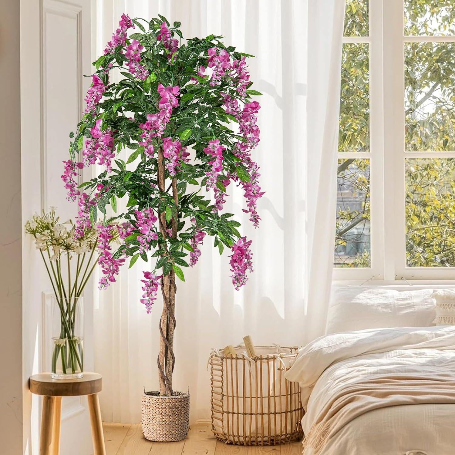 5.5FT Fake Wisteria Plant, Tall Artificial Tree in Nursery Pot with Rosy Flowers