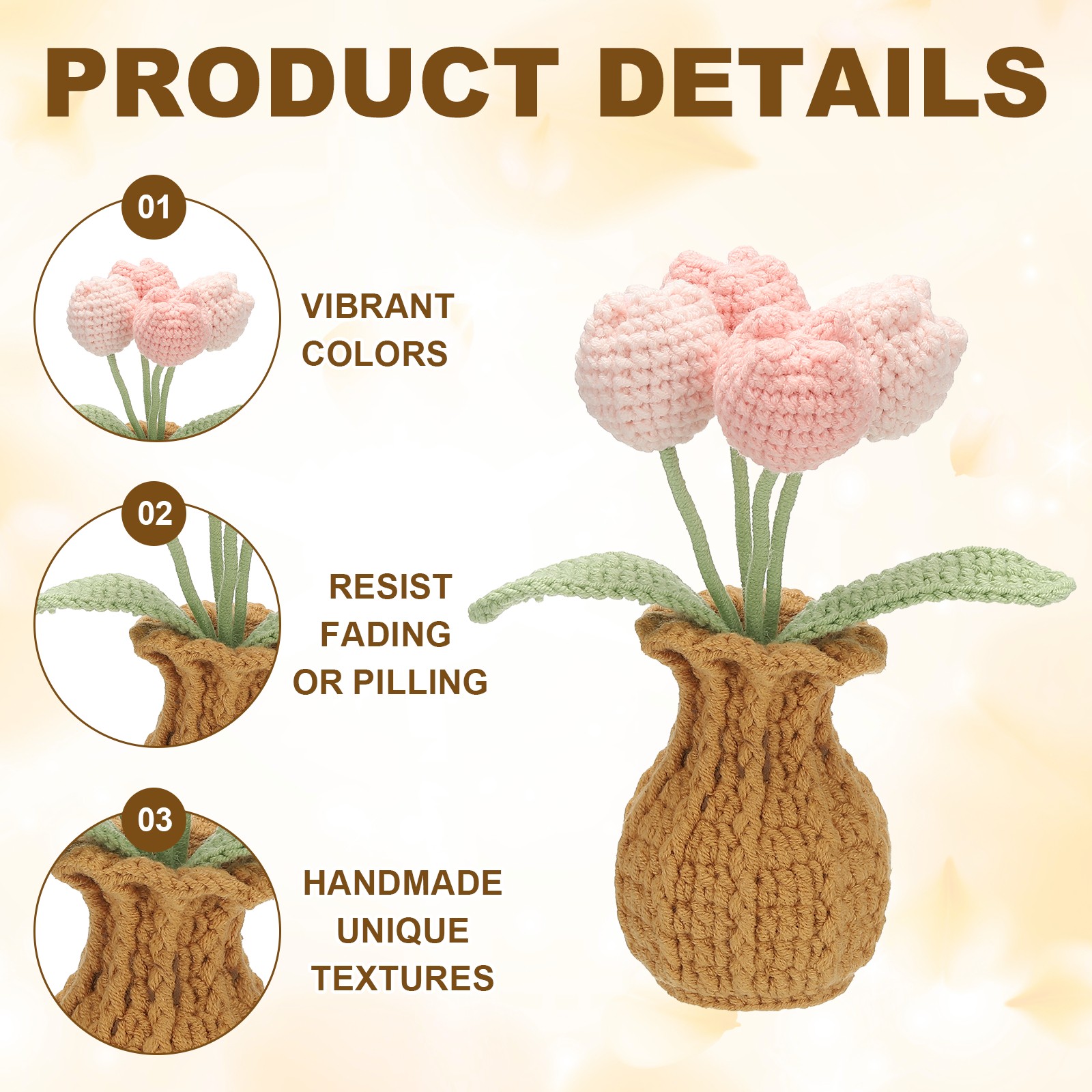 Crochet Flowers Tulip Artificial Flowers Little Potted 4 Flowers Gradient Pink