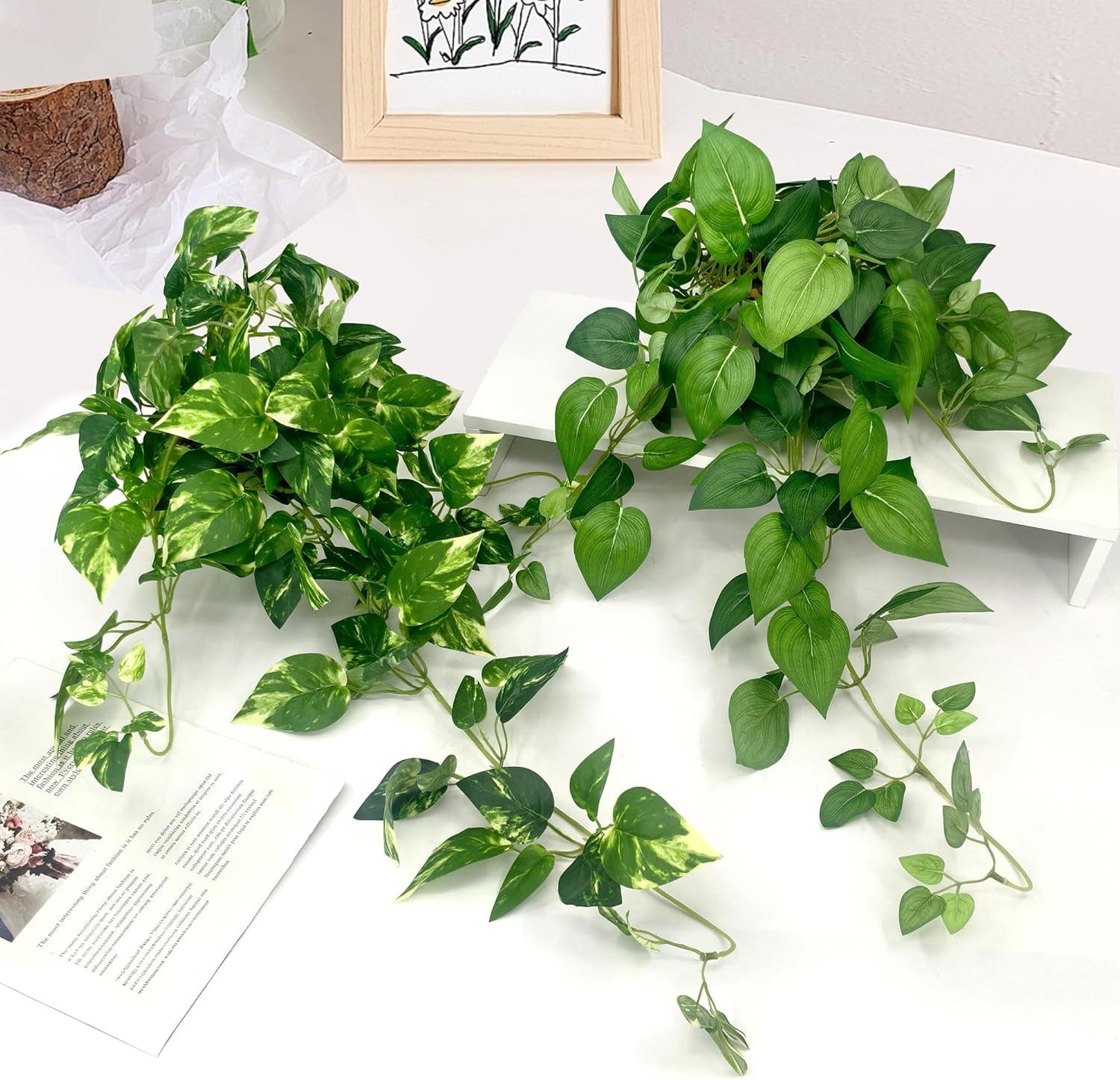 Artificial Hanging Plants with White Pots –2 Pack Fake Pothos Potted Plants Faux