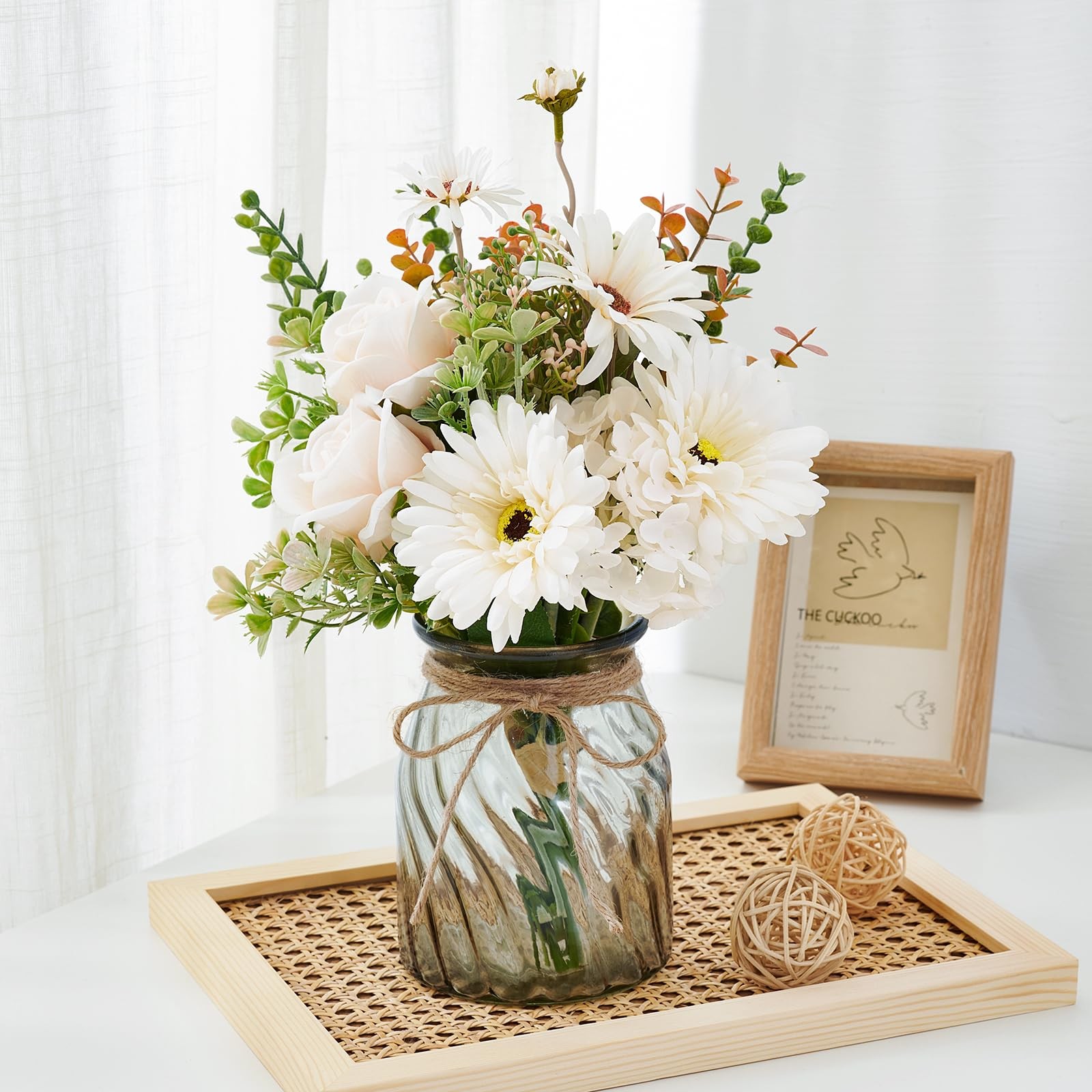 Artificial Daisy Rose Fake Flowers In Vase Faux Silk Plant Centerpiece Decor