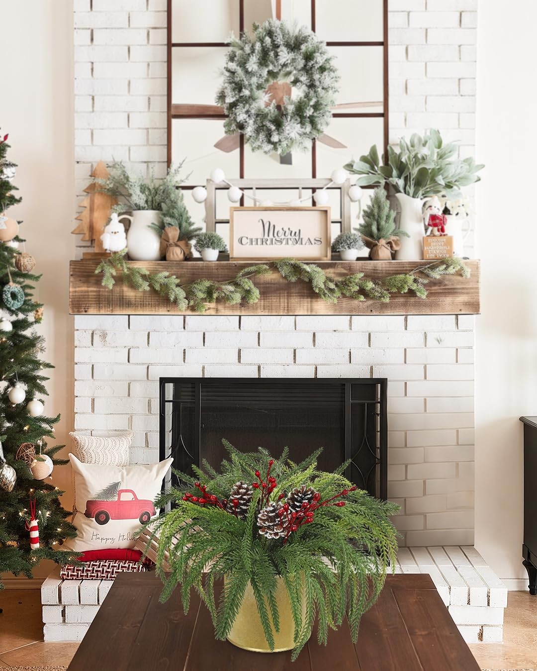 11 Inch Frosted Christmas Cedar Plant Gold Pot Pinecones Red Berries